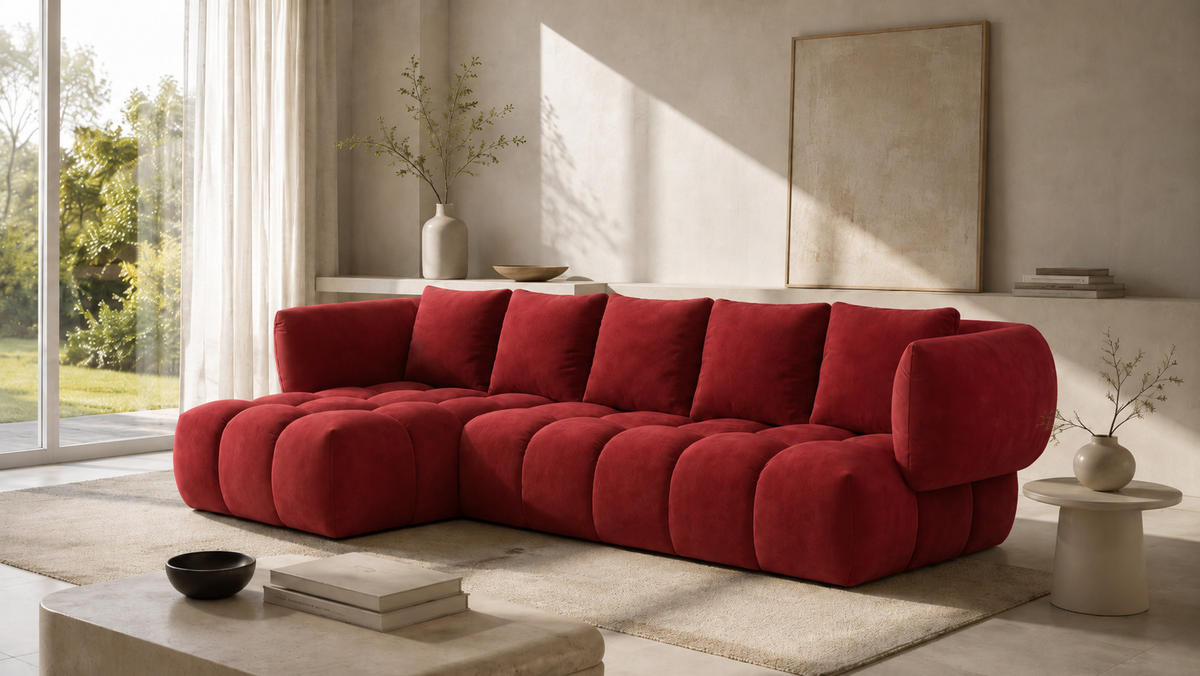 ECKSOFA L-Form, Veloursstoff Bluvel, Rotwein, Links, SEVIO L - Weinrot, Holz (242/175cm) - Kaiser Möbel