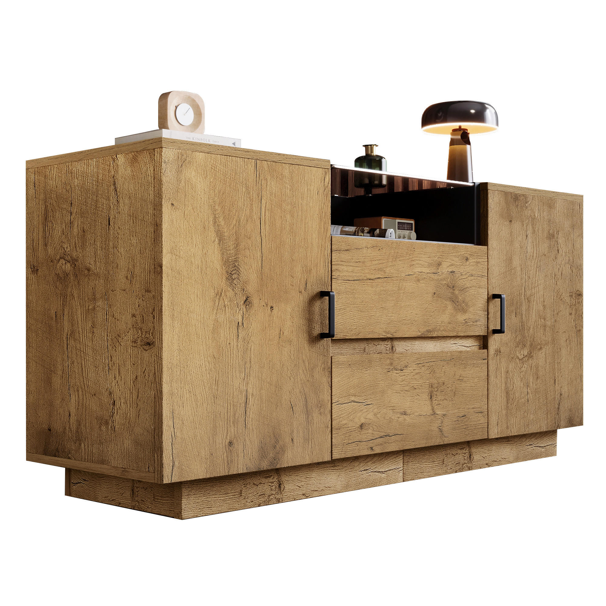 SIDEBOARD in Eichenoptik mit braun getöntem ESG-Glas, 2 Schubladen, 2 Türen und offenem Fach, schwarze Griffe, 140/40/70 cm, Eichenoptik - Eichefarben, Holzwerkstoff (140/70/40cm) - Redom