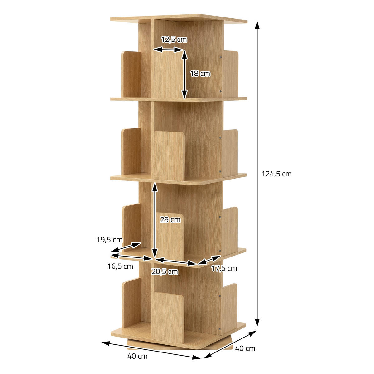 BÜCHERREGAL Kinder mit 4 Ebenen Eiche 40x124,5x40 cm Drehbar 360 Grad - Beige, Holzwerkstoff (40/124.5/40cm) - ML-DESIGN
