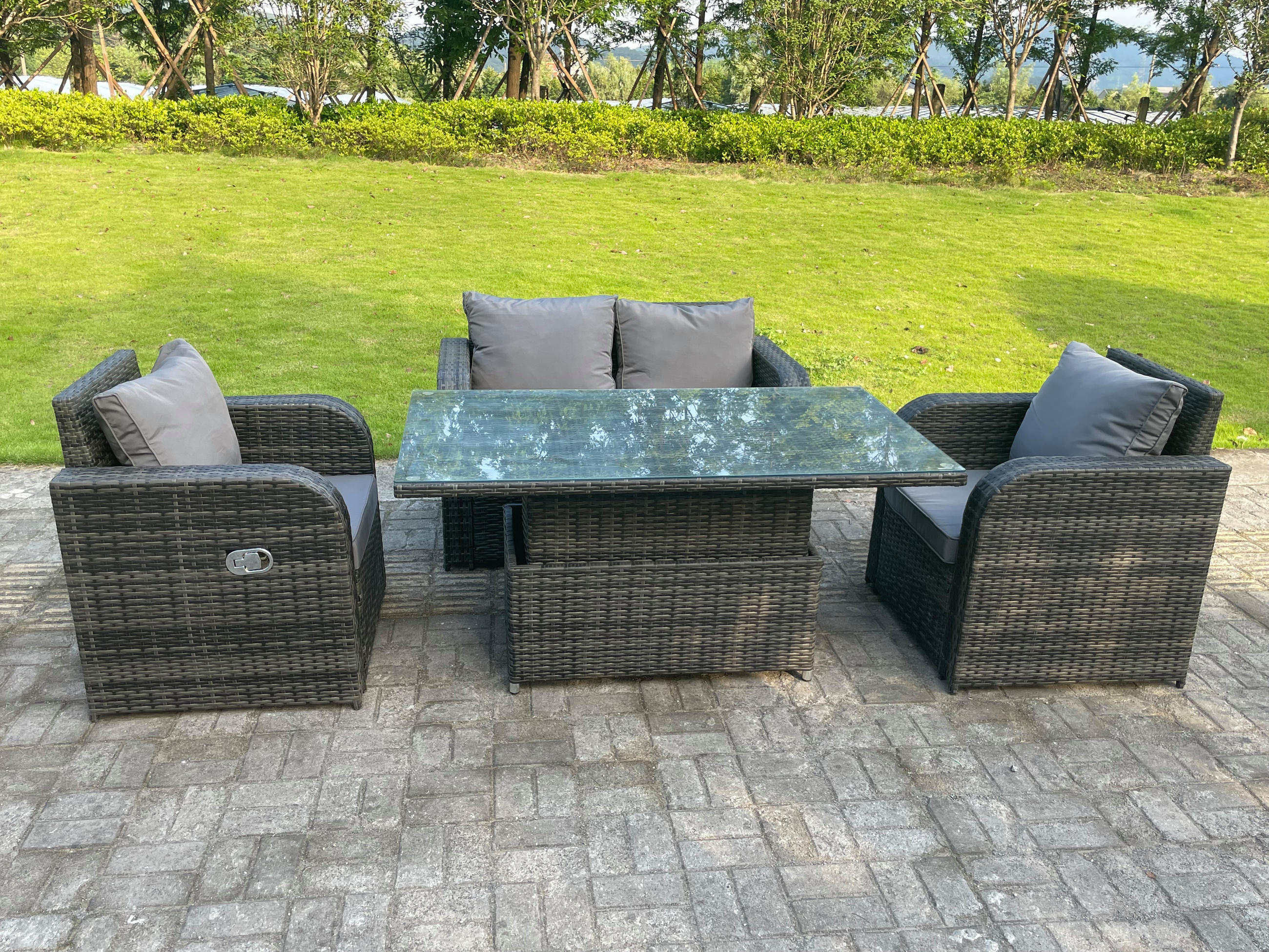 GARTENMÖBELSET mit Couchtisch Polyrattan 4-Sitzer - Dunkelgrau/Grau, Glas/Kunststoff - Fimous