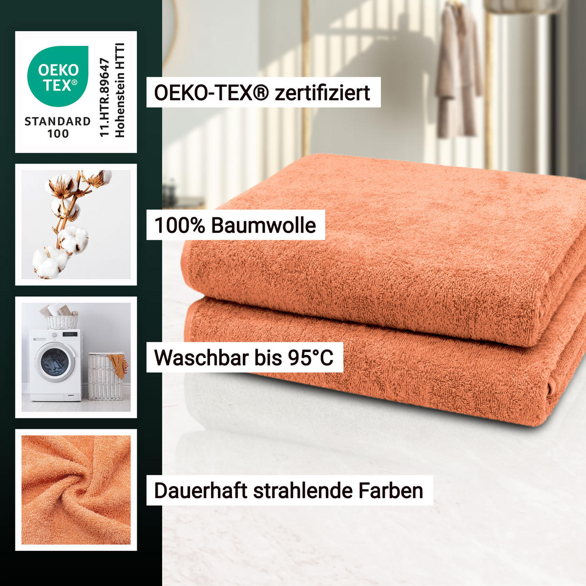 BADETUCH, 2er-Set, 100x150 cm, 100% Baumwolle, Orange - Terra cotta, Textil (100/150cm) - Zollner