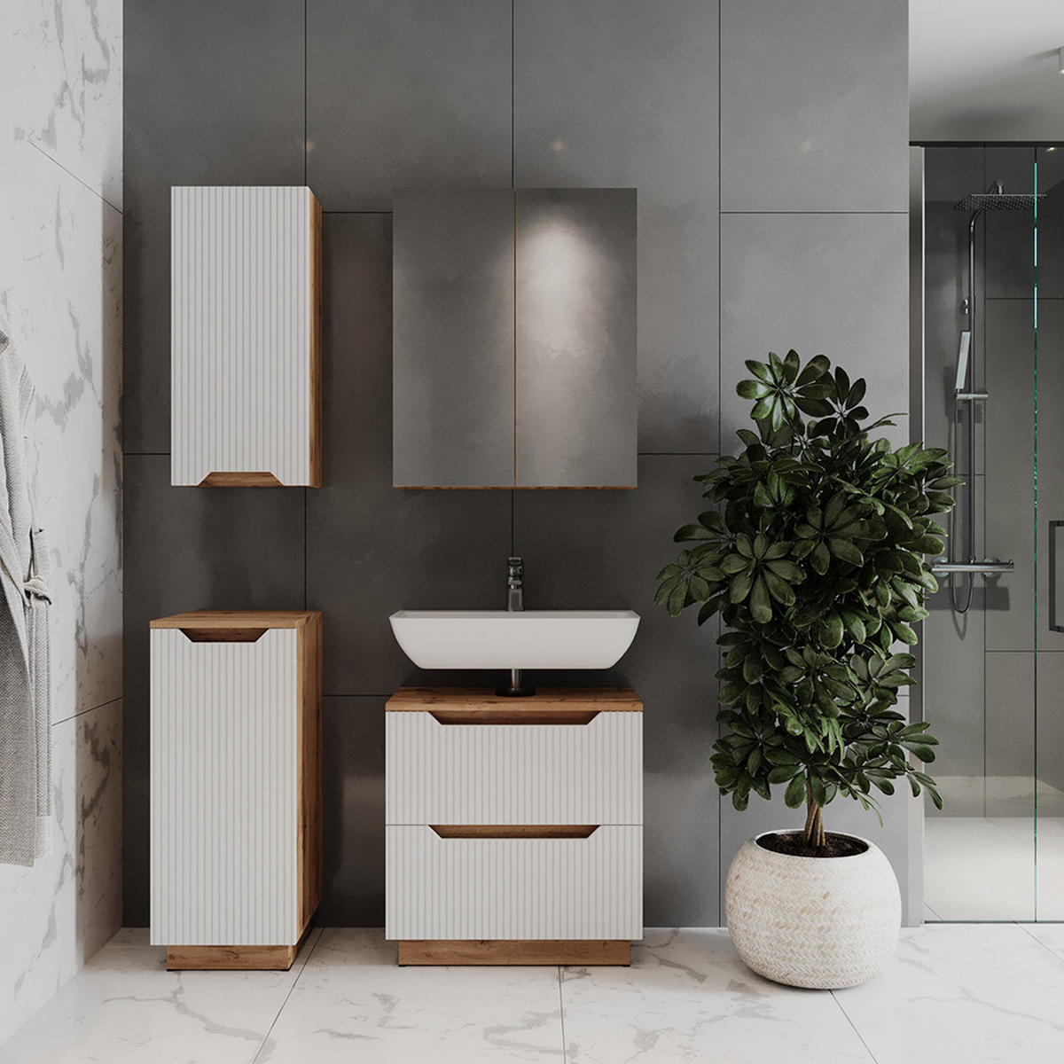 BADMÖBEL-SET Lotta Eiche/weiß gestreift 4 Teile - Weiß, Holzwerkstoff (59.8/62.5/32cm) - Vicco