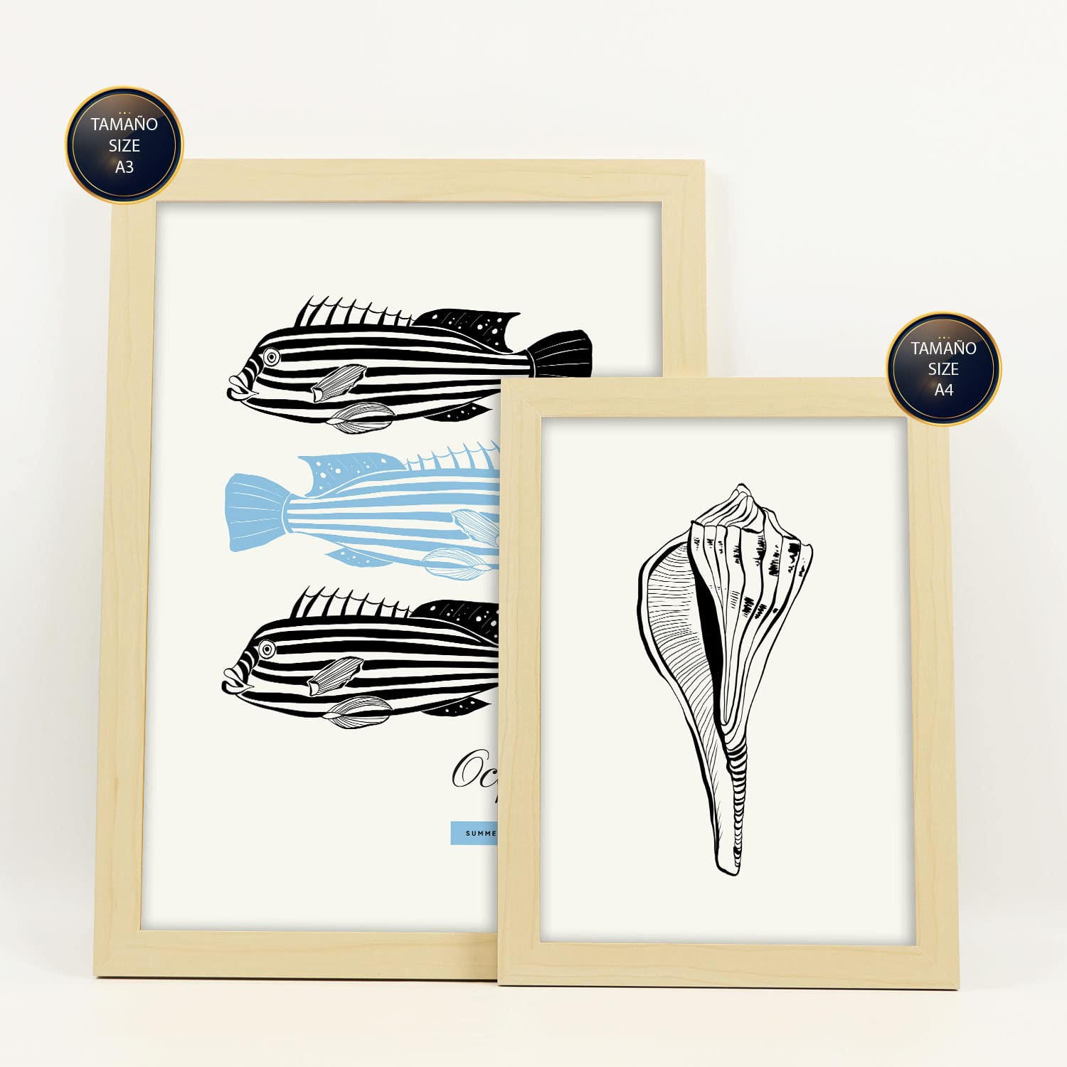POSTER Set Mit 6 In Schwarzer Tinte Meerestiere Kunstdrucke Von Meer Und Ozean Für Innenarchitektur A3 & A4 Rahmen Aus Hellem Holz - Beige, Papier (29/3cm) - Nacnic