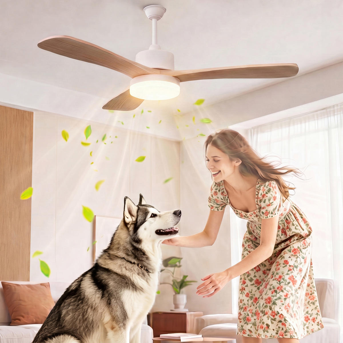 DECKENVENTILATOR mit LED-Licht, 106,6 cm, 3 Holzflügel, 6 Stufen & Timer - Naturfarben, Metall (106.6/106.6/52cm) - EuroLiving
