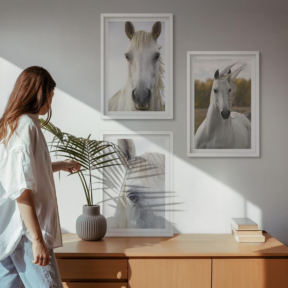 WANDBILDER 3er-Set - 40x60 cm Weißer Rahmen - Weiße Pferde in der Natur - Weiß, Kunststoff (40/60cm) - ArtPrintCave