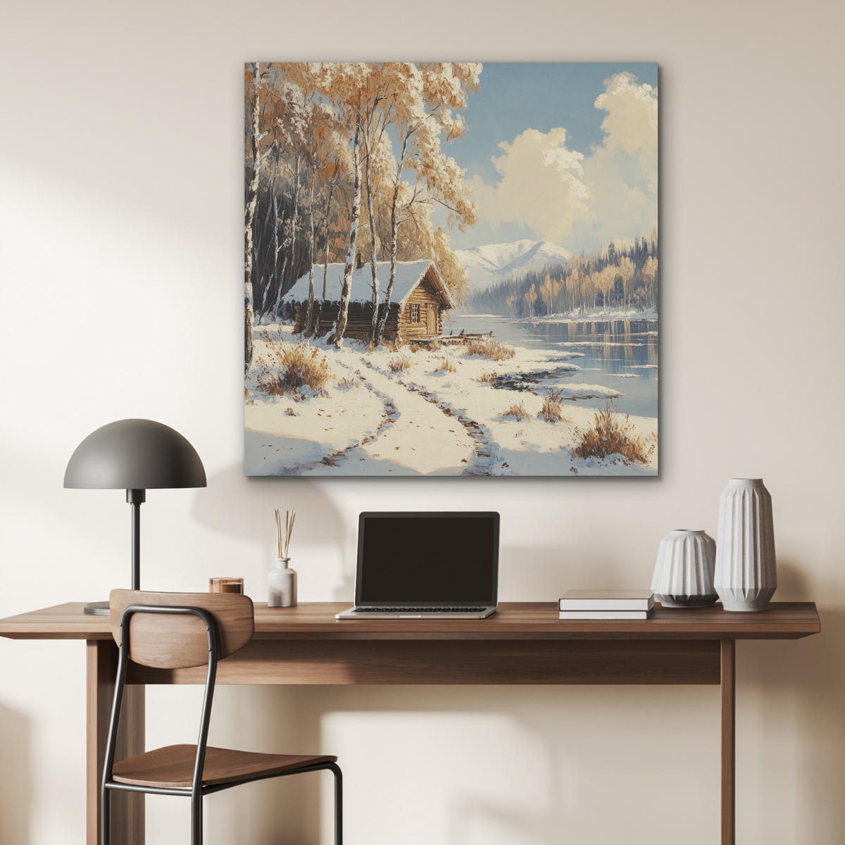 AKUSTIKPANEEL Winter - Schnee - Zuhause - Natur 90x90 cm - Hellbraun, Textil (90/0.9/90cm) - MuchoWow