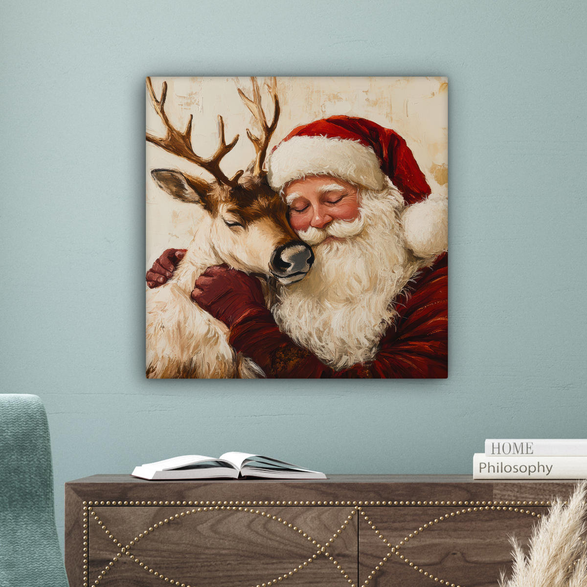 LEINWANDBILD Weihnachtsmann - Rentier - Weihnachten Wandbild Wohnzimmer 50x50 cm - Rotbraun, Textil (50/50cm) - MuchoWow