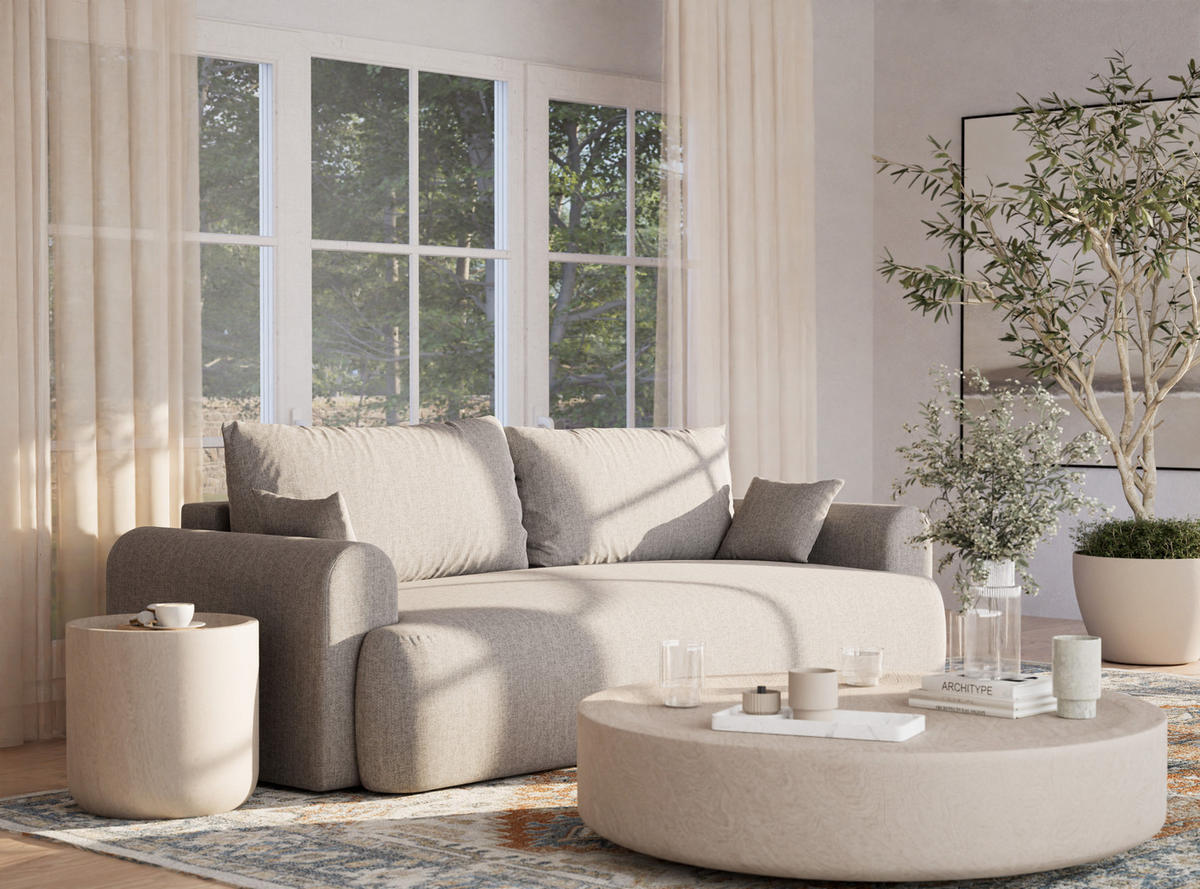 SOFA MIT SCHLAFFUNKTION Toluca Beige grau Webstoff - Beige/Schwarz, Holz/Holzwerkstoff (247/69/90cm) - Maison de Reve