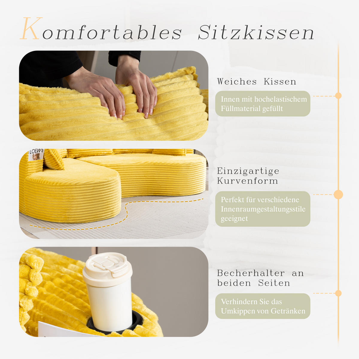 ECKSOFA Cord Senfgelb mit Getränkehaltern, Seitentaschen und Kissen - Gelb, Textil (250/152cm) - WISHDOR