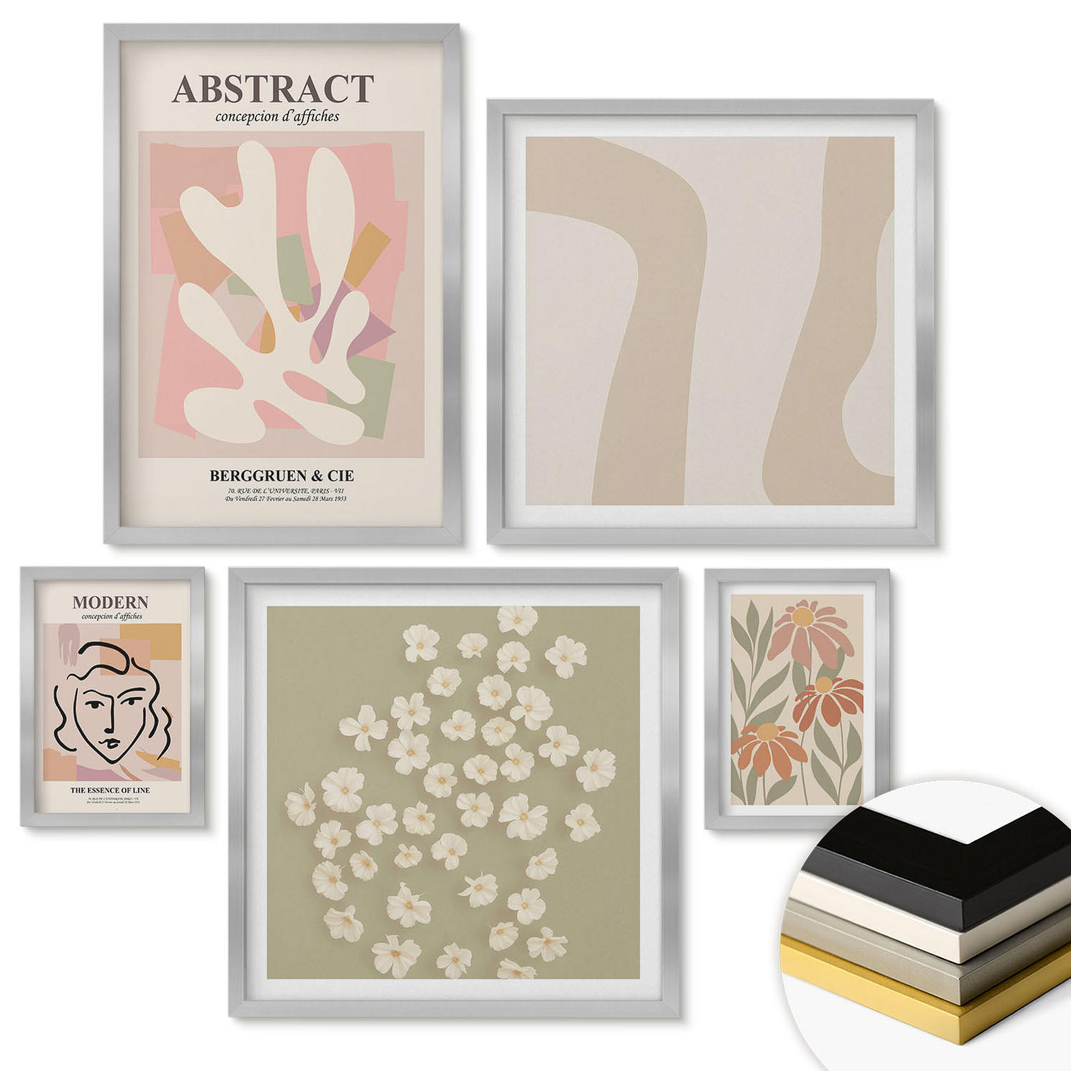 WANDBILDER 5er Set - 50x50 cm & 20x30 cm & 40x60 cm Silberner Rahmen - Moderne abstrakte Frau - Silberfarben, Kunststoff (40/60cm) - ArtPrintCave