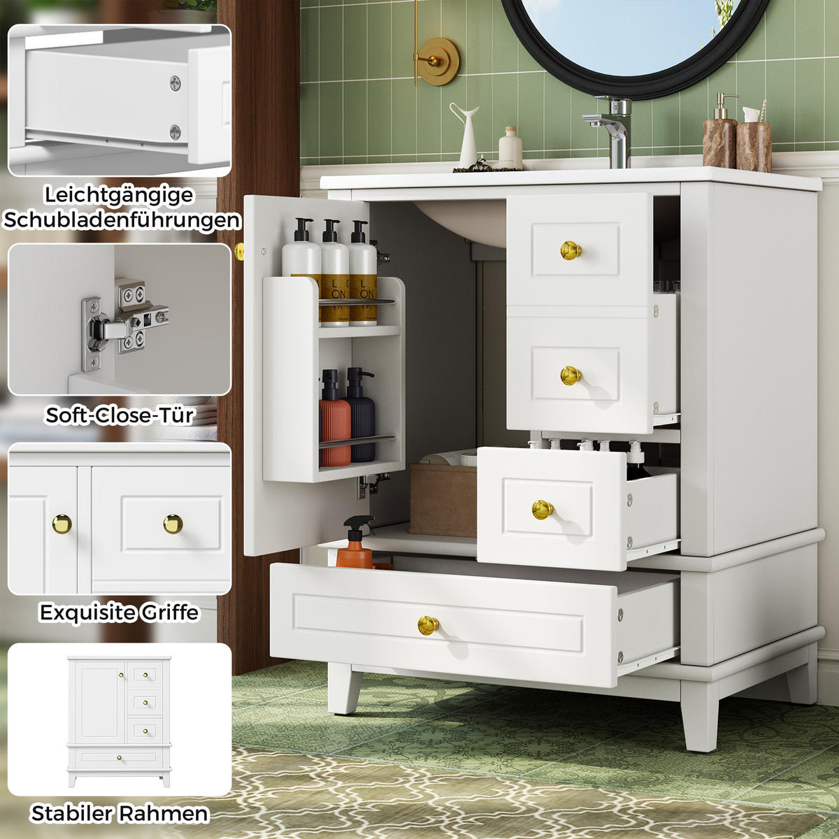BADEZIMMERSCHRANK Weiß Lackiert 3 Schubladen Tür Stauraum 61cm - Weiß, Keramik (61/86/47cm) - FLIEKS