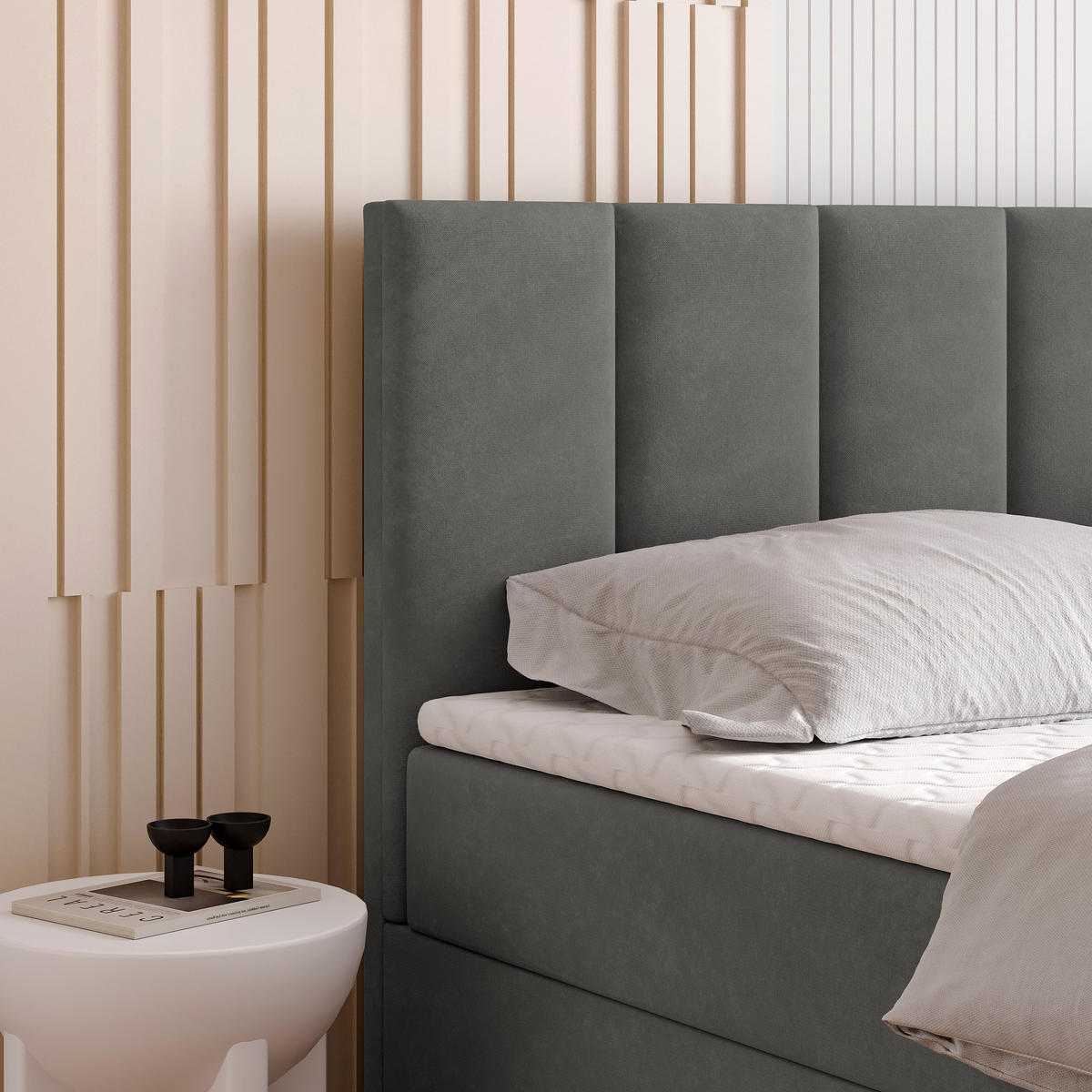 BOXBETT MERIL 140x200 cm mit Matratze und Topper - Grau - Grau, Holz (140/200cm) - MASSENO