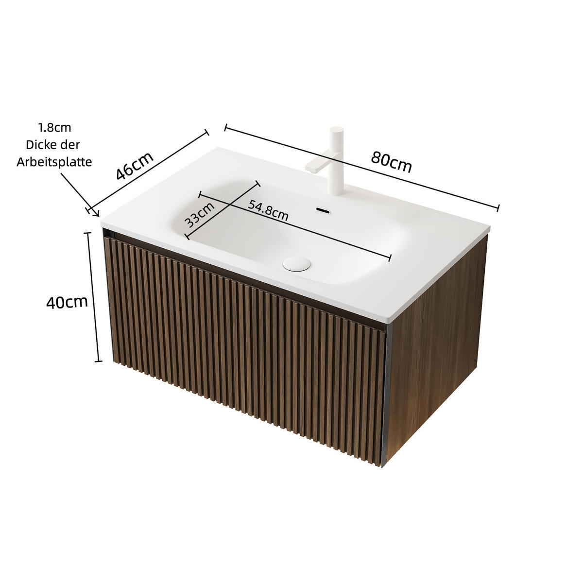 WASCHTISCHKOMBI 80x46x41.8cm Brown Oak/Weiß mit Harzbecken & Schwebe-Design - Braun, Keramik (80/41.8/46cm) - Modfu