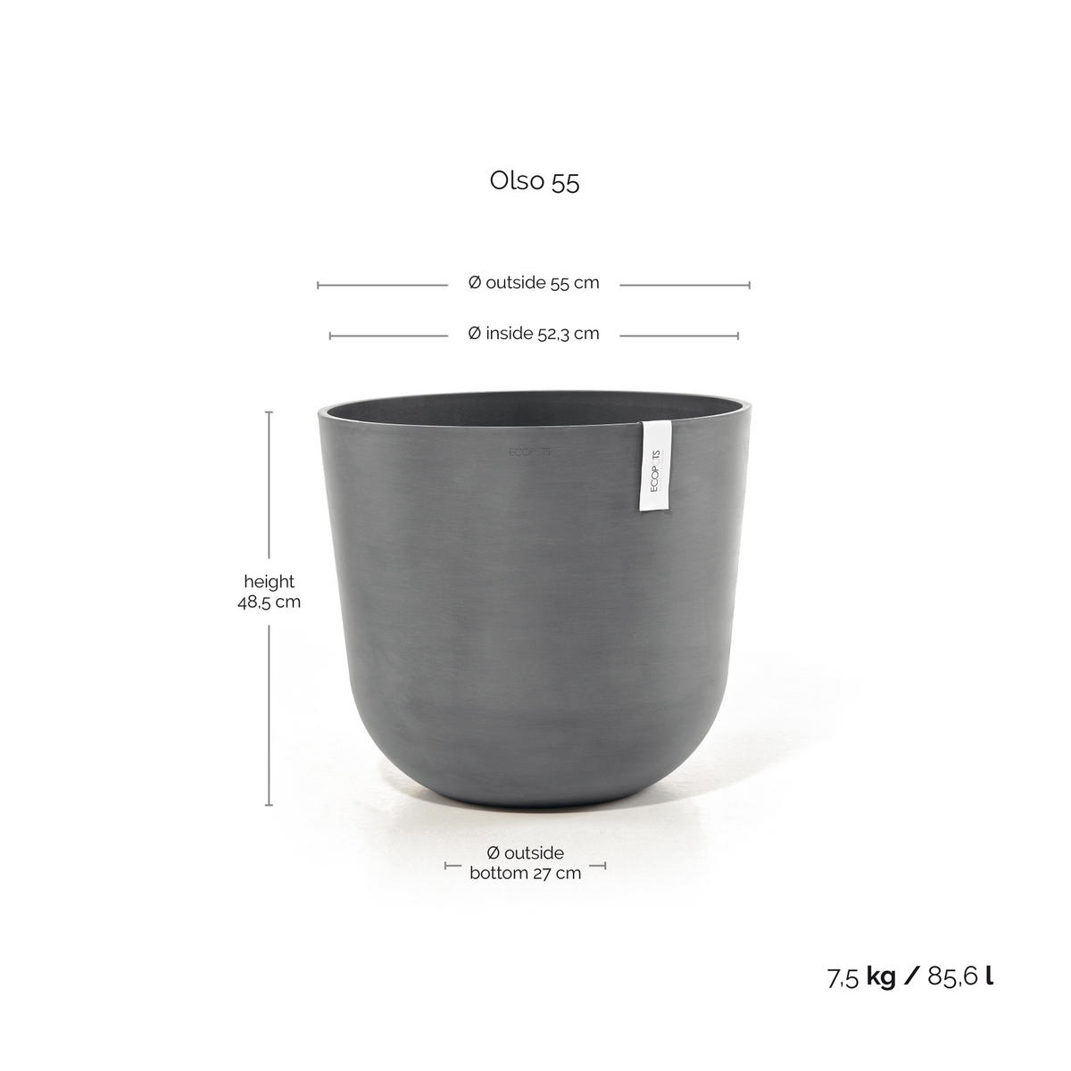 BLUMENTOPF Oslo 55/48,5 cm Grau - Grau, Kunststoff (55/48.5cm) - Ecopots