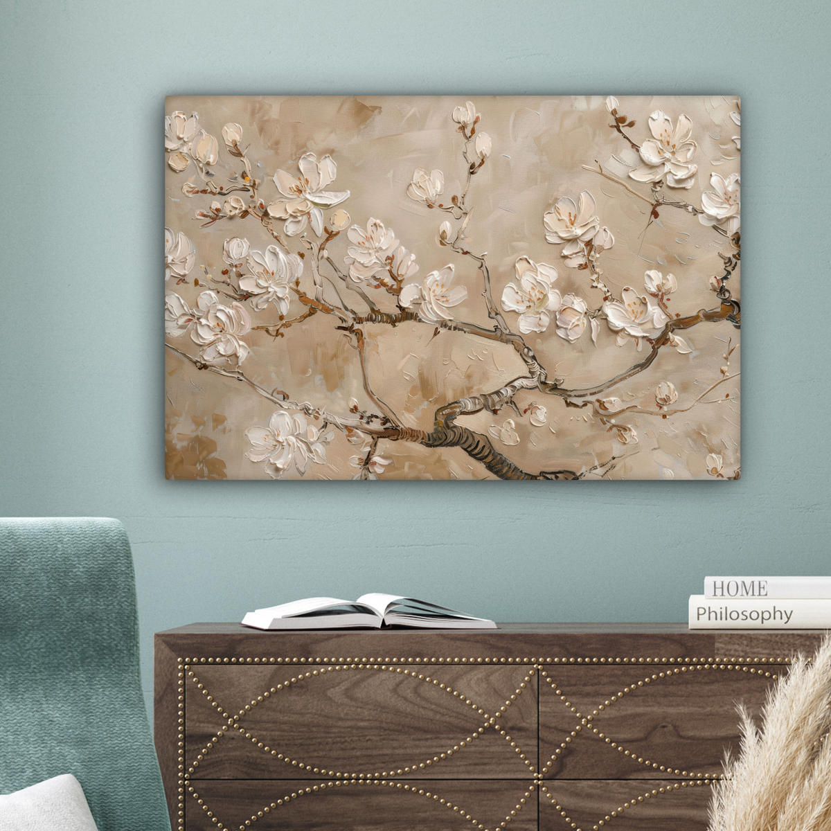 LEINWANDBILD - Blumen - Modern - Beige - Weiß - Blüte - 90x60 - Deko Wohnzimmer - Beige, Textil (90/60cm) - MuchoWow