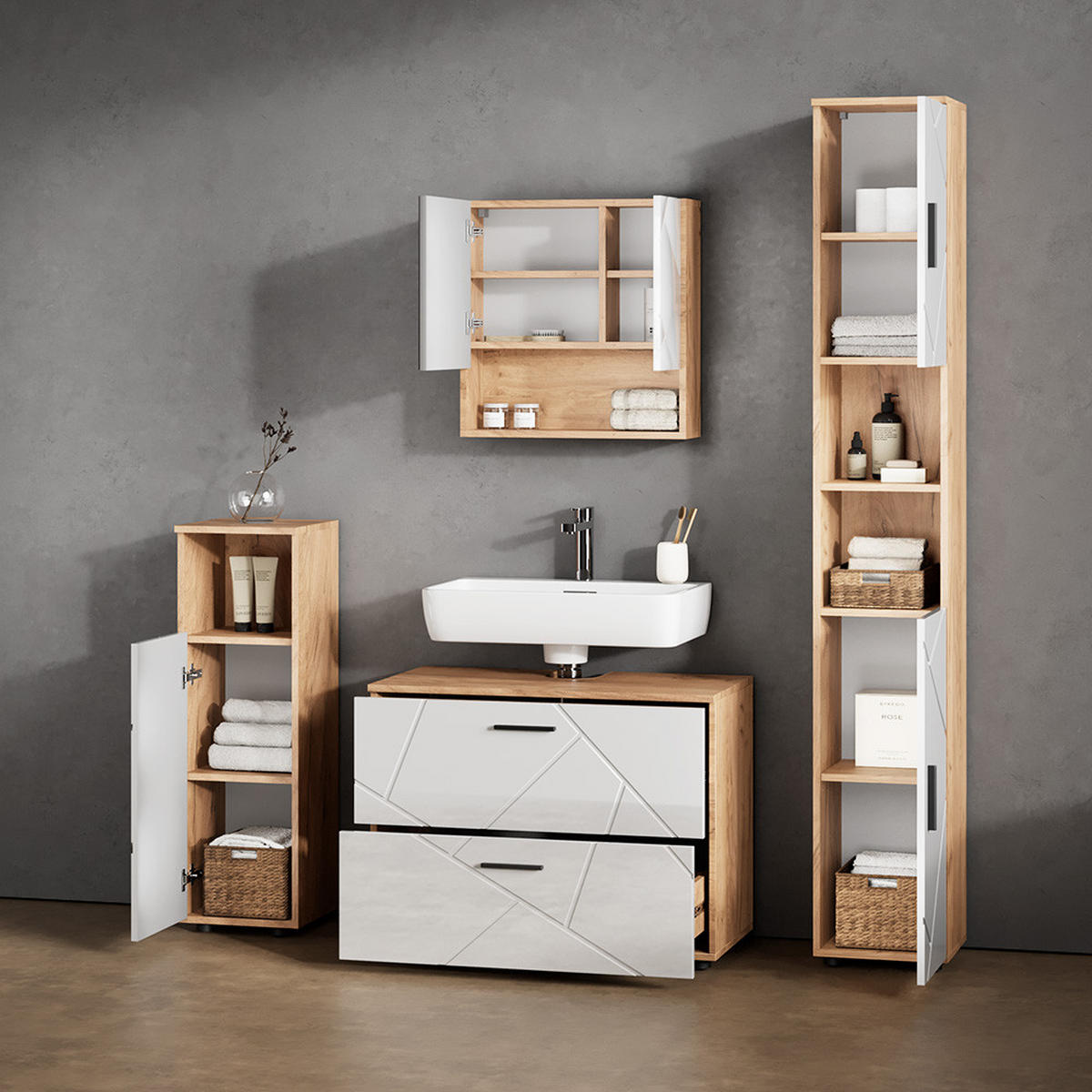 BADMÖBEL-SET Ronco Weiß Hochglanz/Goldkraft Eiche 4 Teile, mit Schubladenschrank und Hochschrank - Weiß Hochglanz/Eiche Wotan, Holzwerkstoff (80/58/41cm) - Livinity®