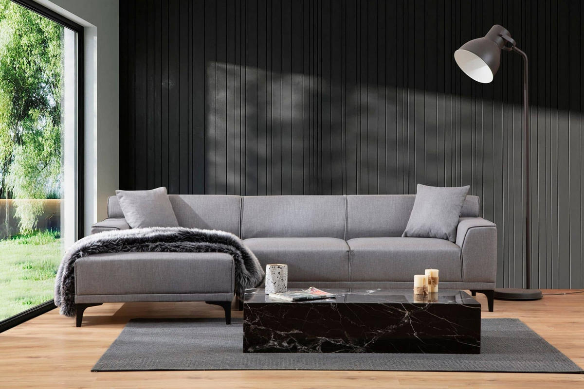 ECKSOFA modern inklusive Zierkissen - Hellgrau/Schwarz, Holz/Kunststoff (250/145cm) - myHomelando