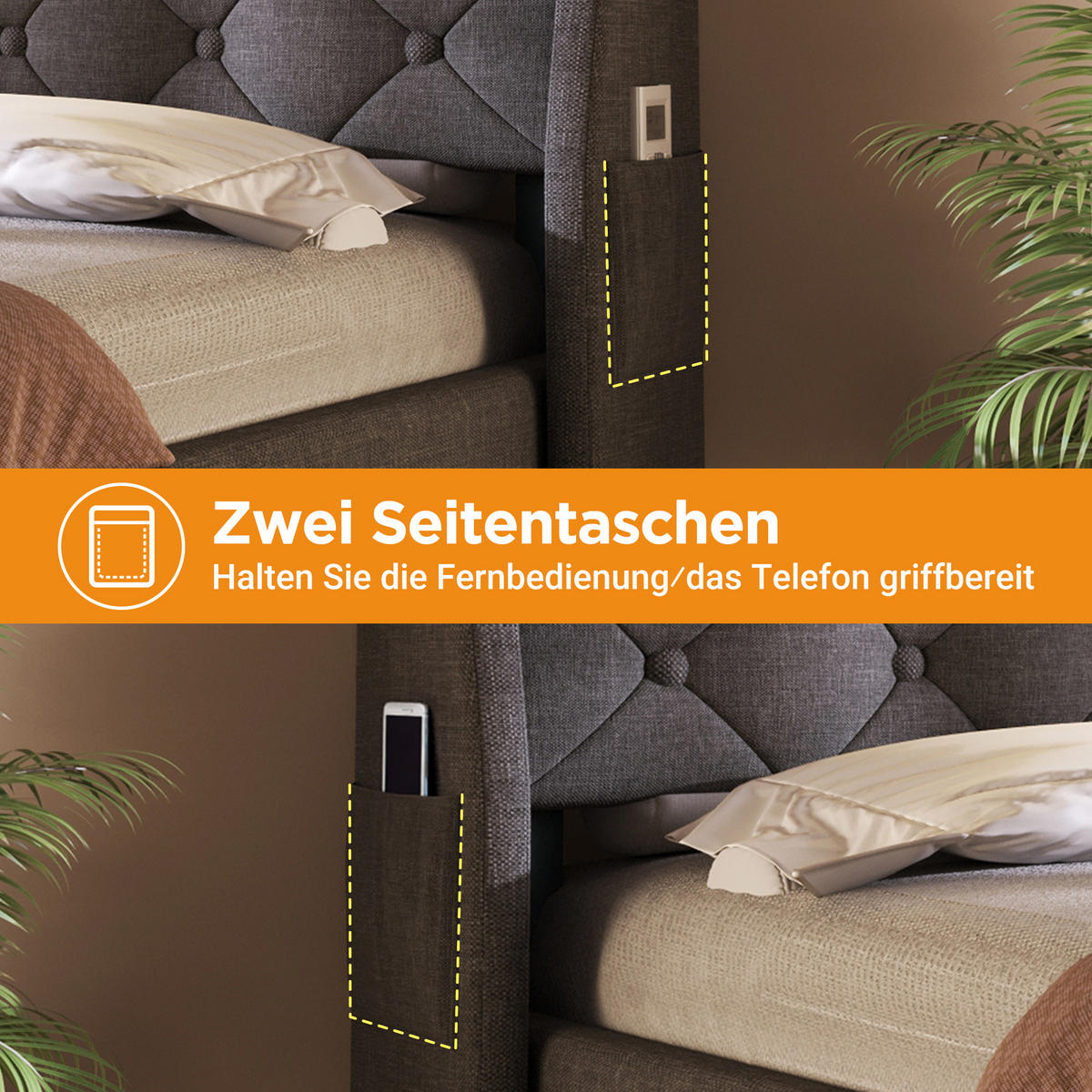 POLSTERBETT 140/200 cm mit hydraulischem Bettkasten, LED-Kopfteil & USB/Type-C, Leinen grau - Grau, Textil (140/200cm) - Redom