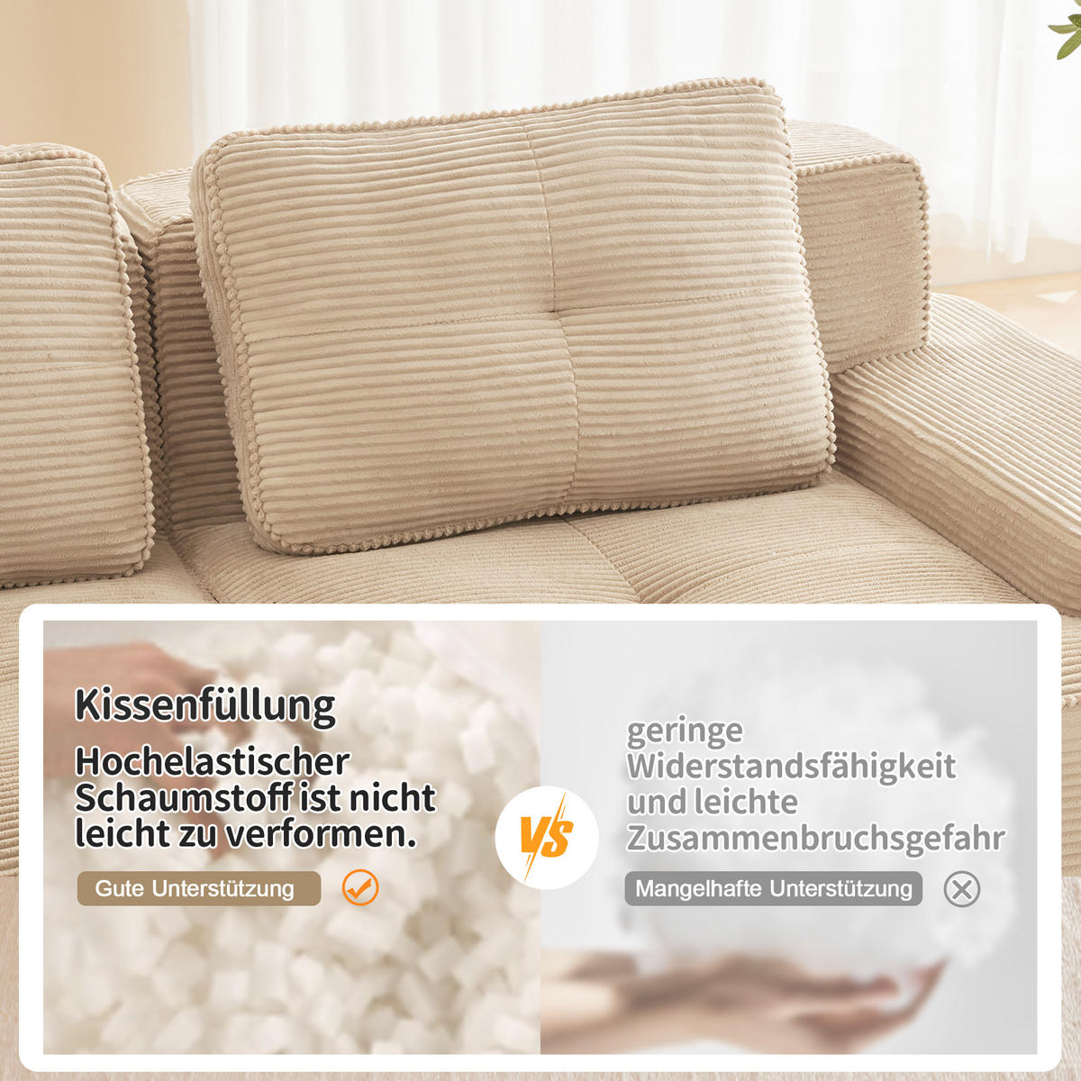 3-SITZER Sofa 293x177x69 cm aus Cordstoff rahmenlos modular mit 3 Hockern, beige - Beige, Textil (177/69/293cm)