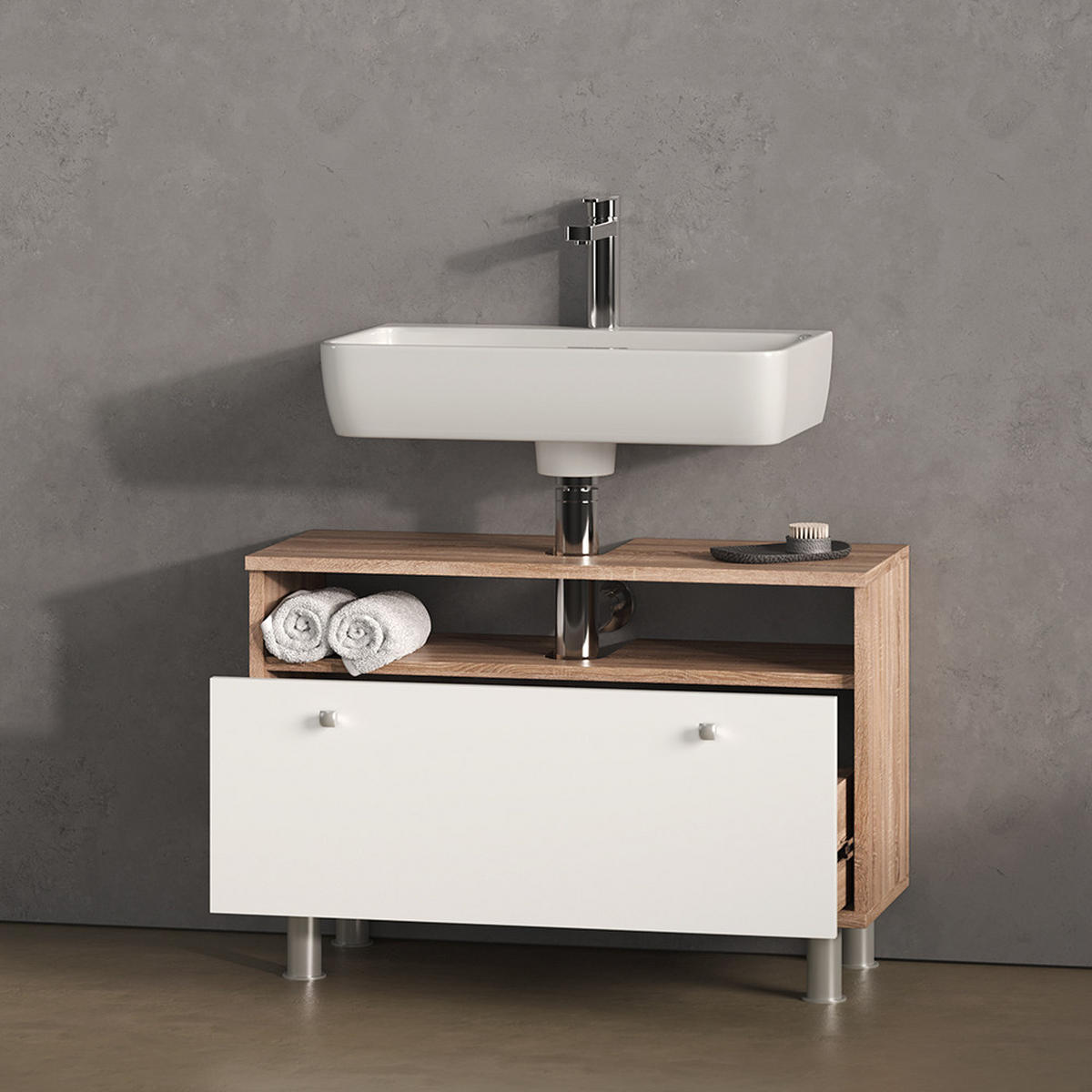 WASCHBECKENUNTERSCHRANK Fucino Sonoma/Weiß 80.2 x 54 cm mit Schublade - Weiß/Sonoma Eiche, Holzwerkstoff (80.2/54/32cm) - Livinity®