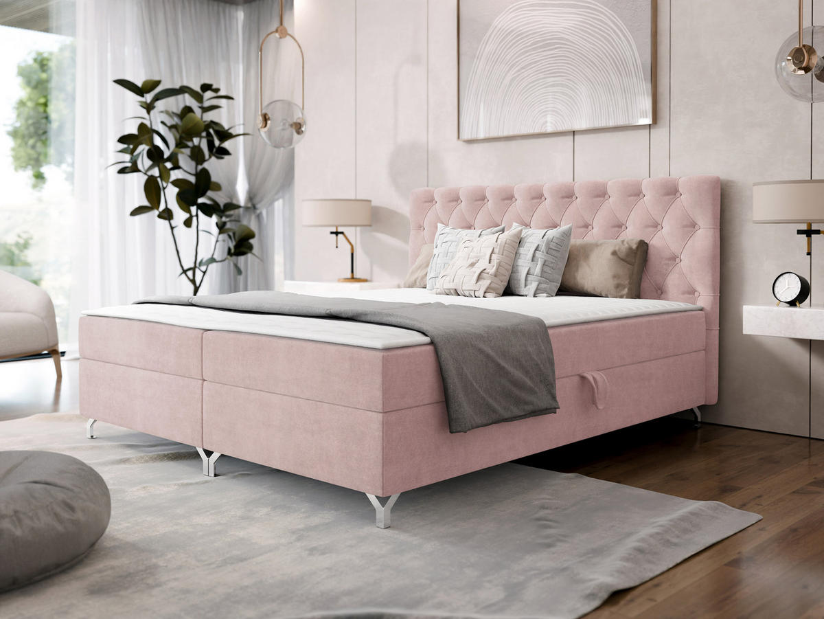 BOXBETT Chester 2 - Hellrosa/Silberfarben, Holz/Textil (160/200cm) - MIRJAN24