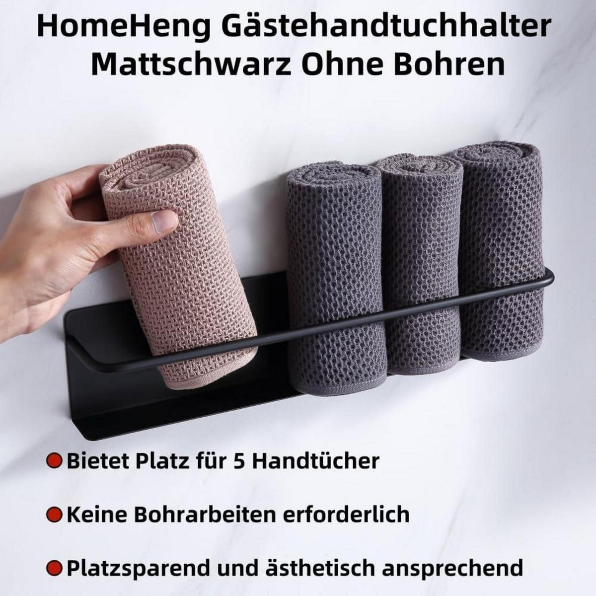 HANDTUCHHALTER 40 cm Edelstahl Schwarz Selbstklebend - Multicolor, Metall (9/7/40cm)