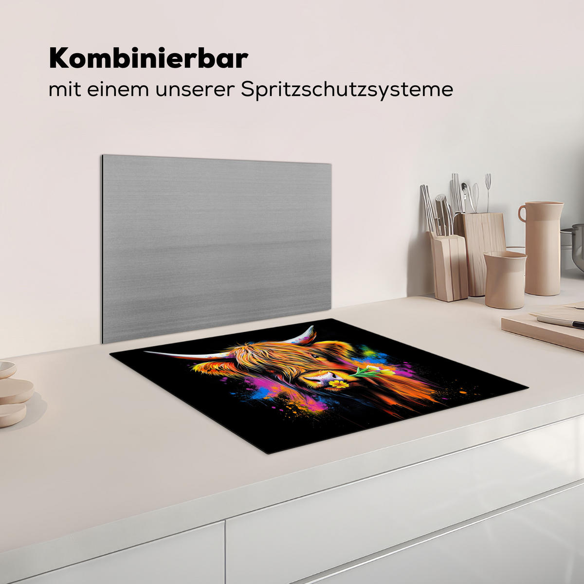 HERDABDECKPLATTE Schottischer Highlander - Graffiti - Bunt - Blume - Tiere Herdabdeckung Induktionsfeld 60x52 cm - Multicolor, Kunststoff (60/52/0.2cm) - MuchoWow