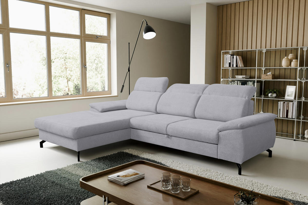 ECKSOFA MALIBU mit Schlaffunktion und Bettkasten, Farbe: Helgrau, Velourstoff, Ottomane Links - Hellgrau, Textil (276/184cm) - VENASI MÖBEL