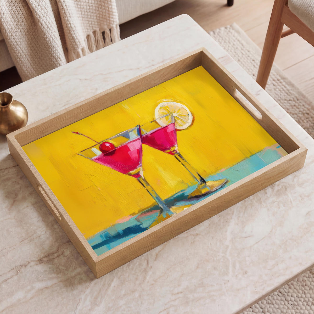 SERVÍROVACÍ PODNOS Sklenice - Koktejl - Citron - Třešeň 50x35 cm - žlutá, dřevo (50/5/5cm) - OnlyWow