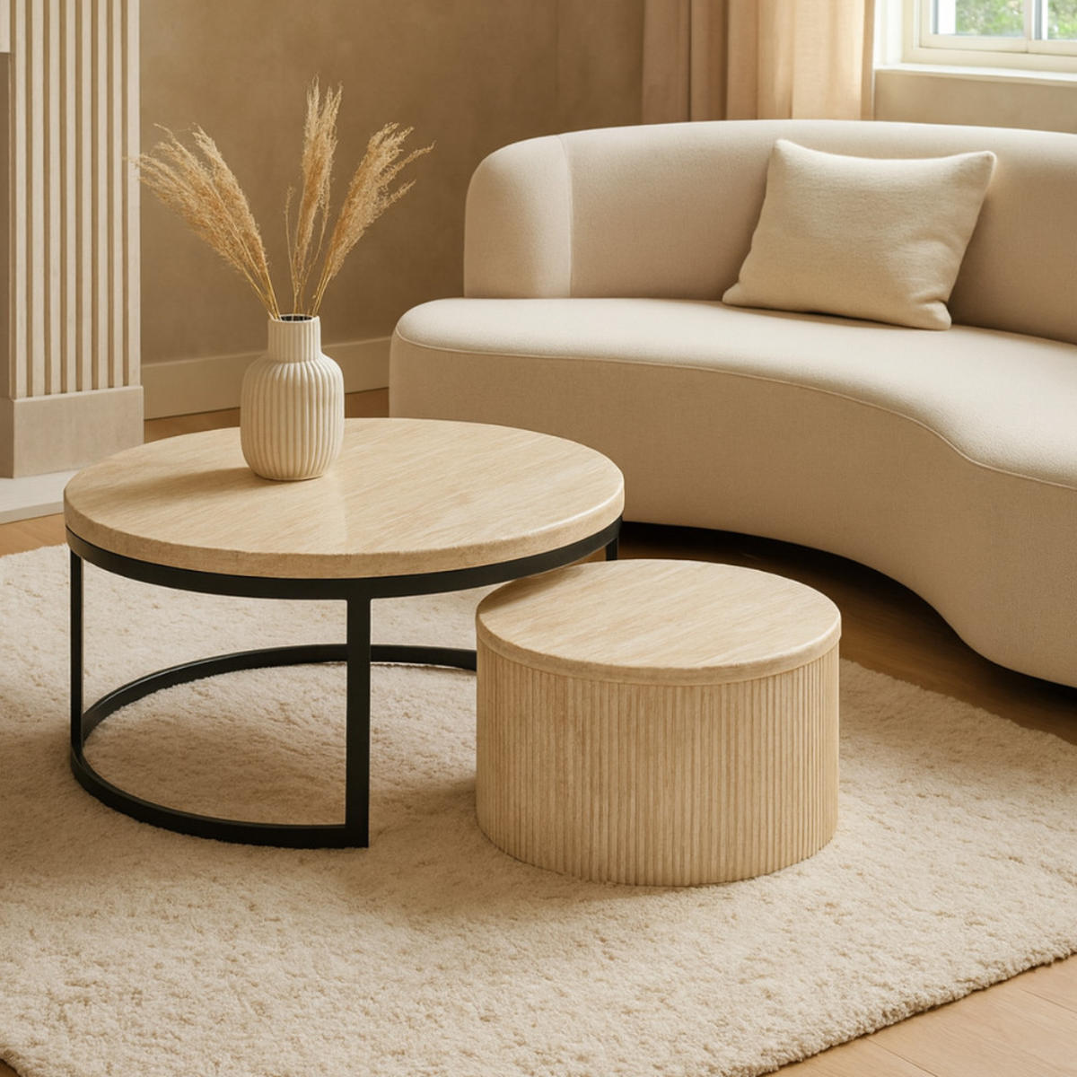COUCHTISCH-SET "Montano" – 2-teiliges Lounge-Set in edler Travertin-Optik - Beige, Keramik (80/80/60cm) - alesvelt