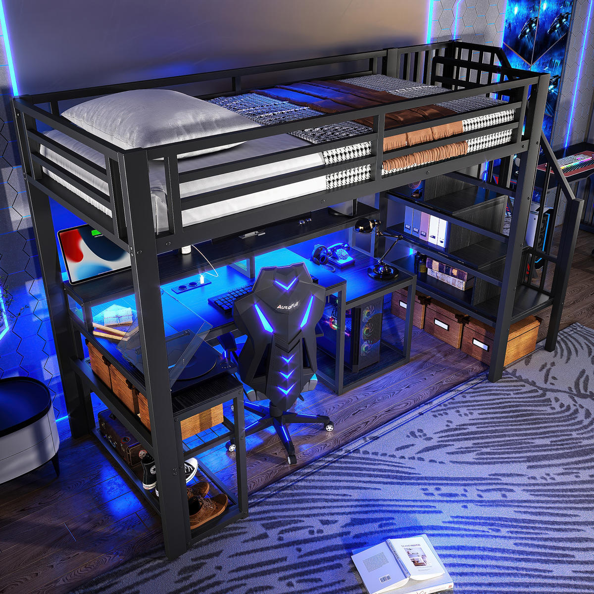 HOCHBETT 90x200cm Schwarz Metall LED-Licht Schreibtisch USB - Schwarz, Metall (90/200cm) - FLIEKS