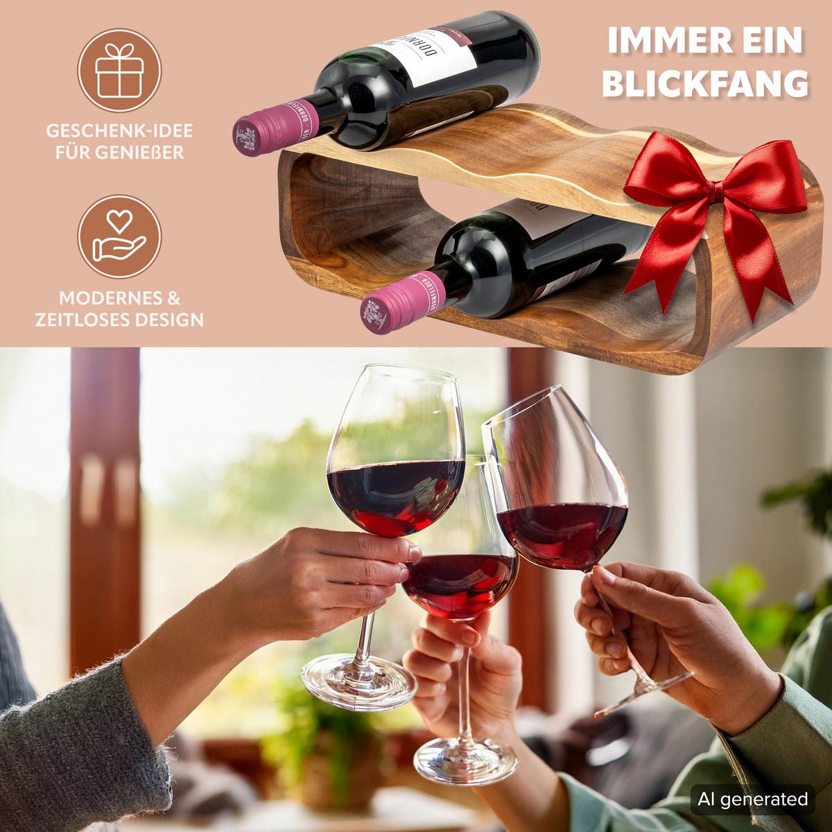 WEINREGAL, aus Akazienholz, braun - Akaziefarben, Holz (39/14.5/15cm) - eluno