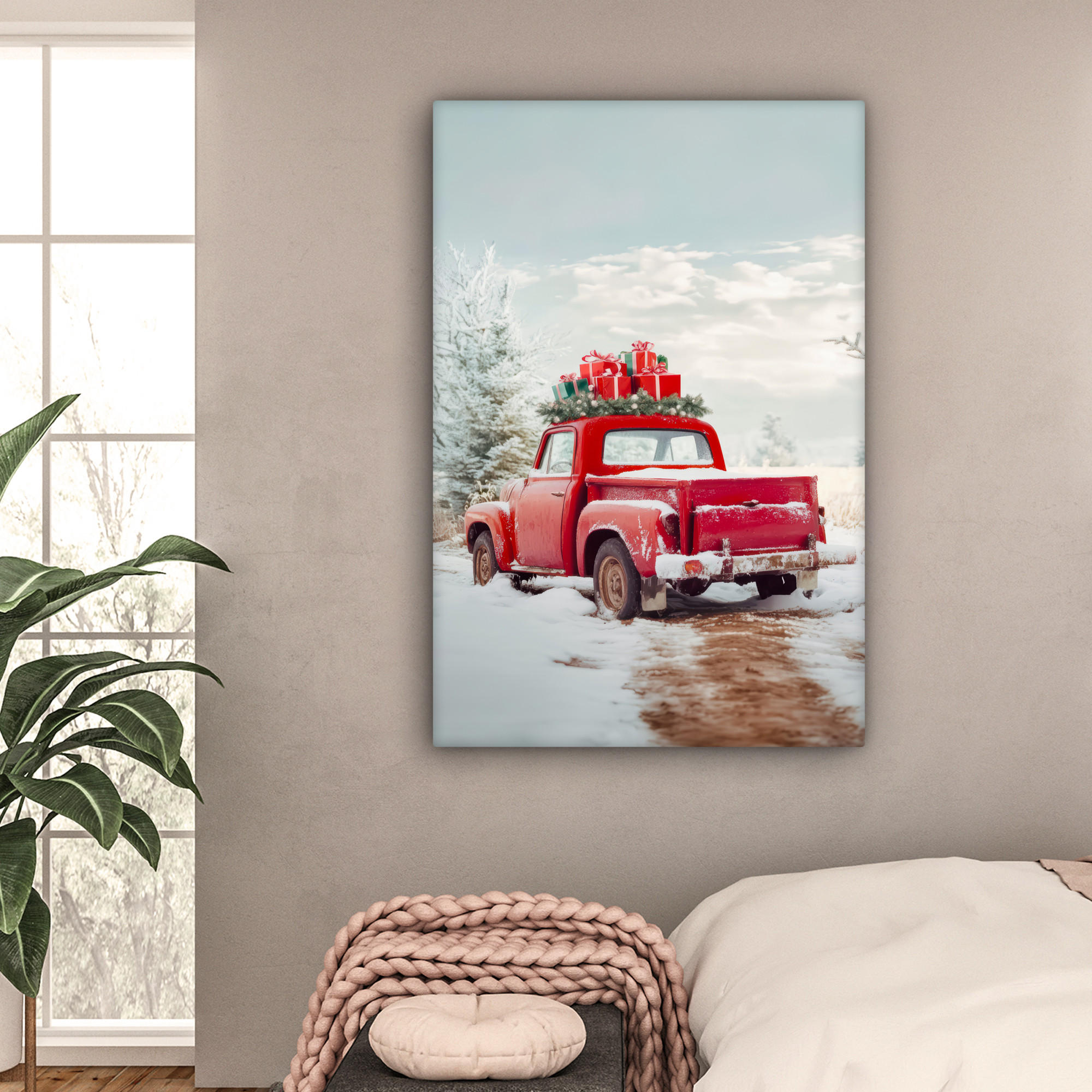 LEINWANDBILD Auto - Rot - Geschenke - Winter - Schnee - Weihnachten 90x140 cm - Rot, Textil (90/140cm) - MuchoWow