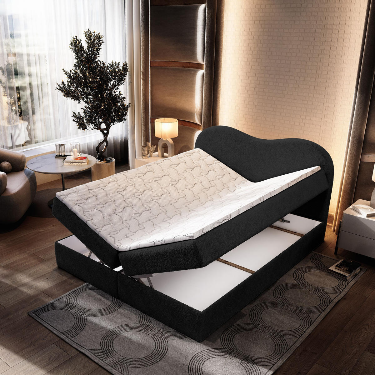 BOXBETT FLUVIA N 180x200 cm mit Matratze und Topper - Schwarz - Schwarz, Holz (180/200cm) - MASSENO