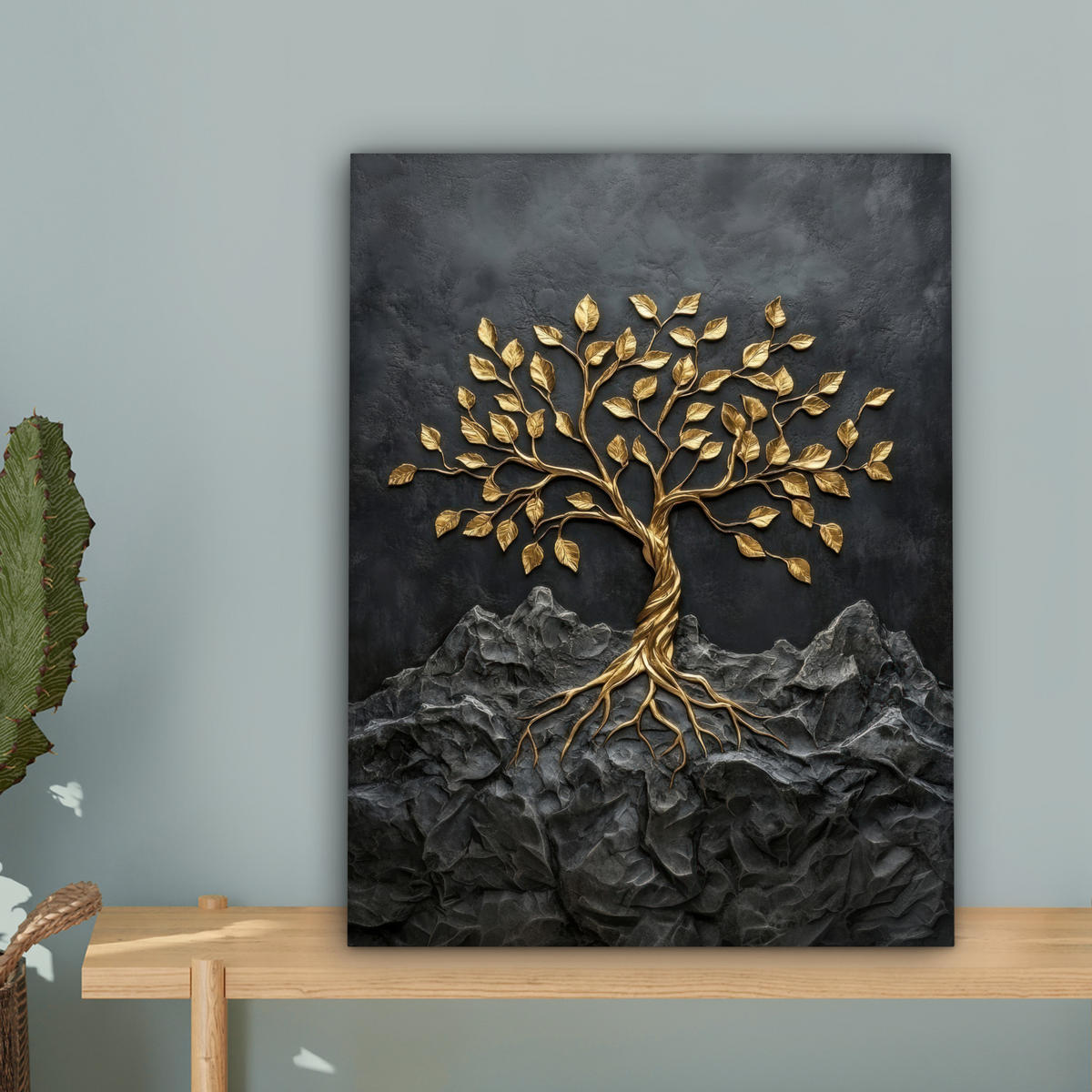 LEINWANDBILD Blätter - Gold - Baum - Fels Room Decor 30x40 cm - Schwarz, Textil (30/40cm) - MuchoWow