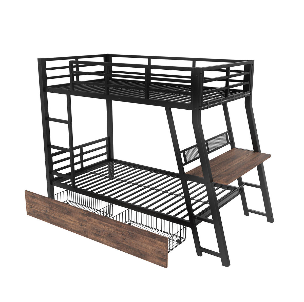 HOCHBETT mit Schreibtisch 90/200 cm in Schwarz mit LED-Leiste und 2 Schubladen - Schwarz, Metall (90/200cm) - BEAOK