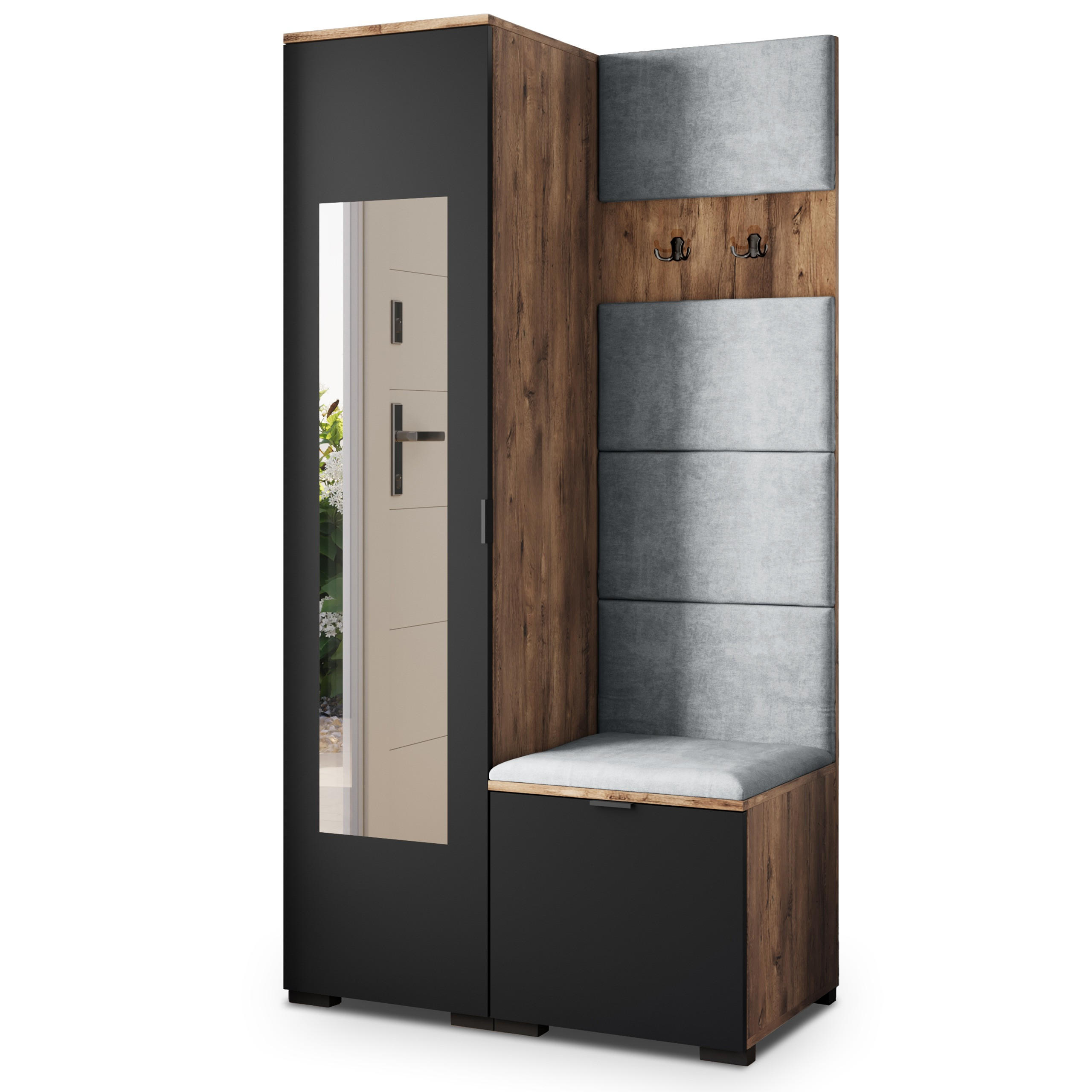 Masseno Garderobenschrank Eiche, Schwarz, Hellgrau 95x181x51 cm