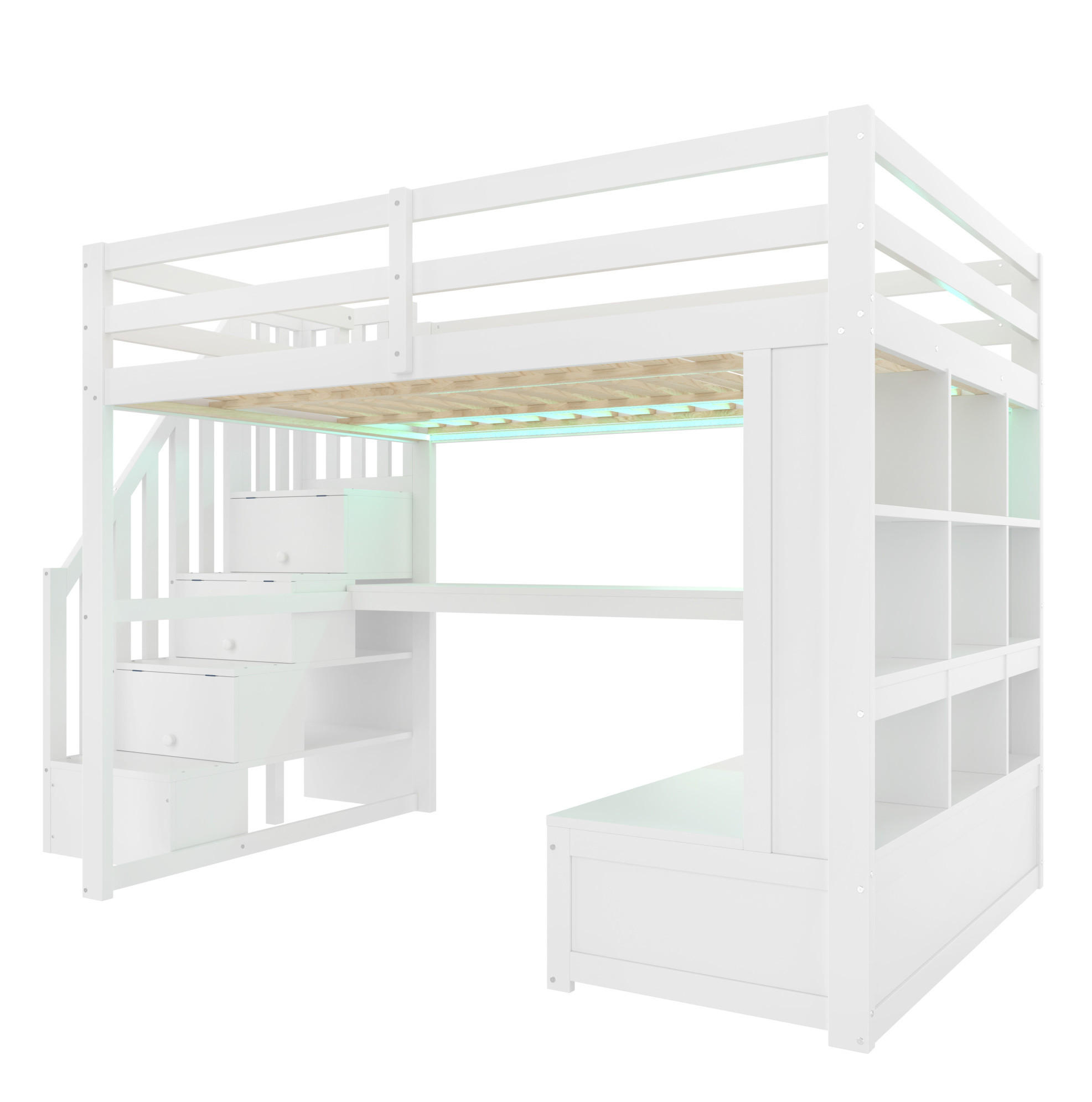 HOCHBETT 140/200 cm mit Schreibtisch, Regalen, Stauraumtreppe, 2 Schubladen und LED-Beleuchtung, Weiß - Weiß, Holzwerkstoff (140/200cm) - Redom