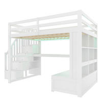 HOCHBETT 140/200 cm mit Schreibtisch, Regalen, Stauraumtreppe, 2 Schubladen und LED-Beleuchtung, Weiß - Weiß, Holzwerkstoff (140/200cm) - Redom