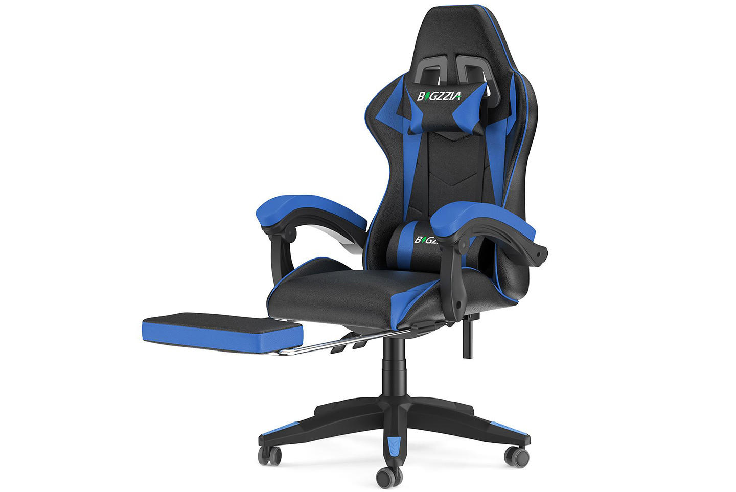 GAMING-STUHL höhenverstellbar, Fußstütze, Lendenkissen – Schwarz/Blau - Blau, Leder (50/134/50cm) - Rattantree