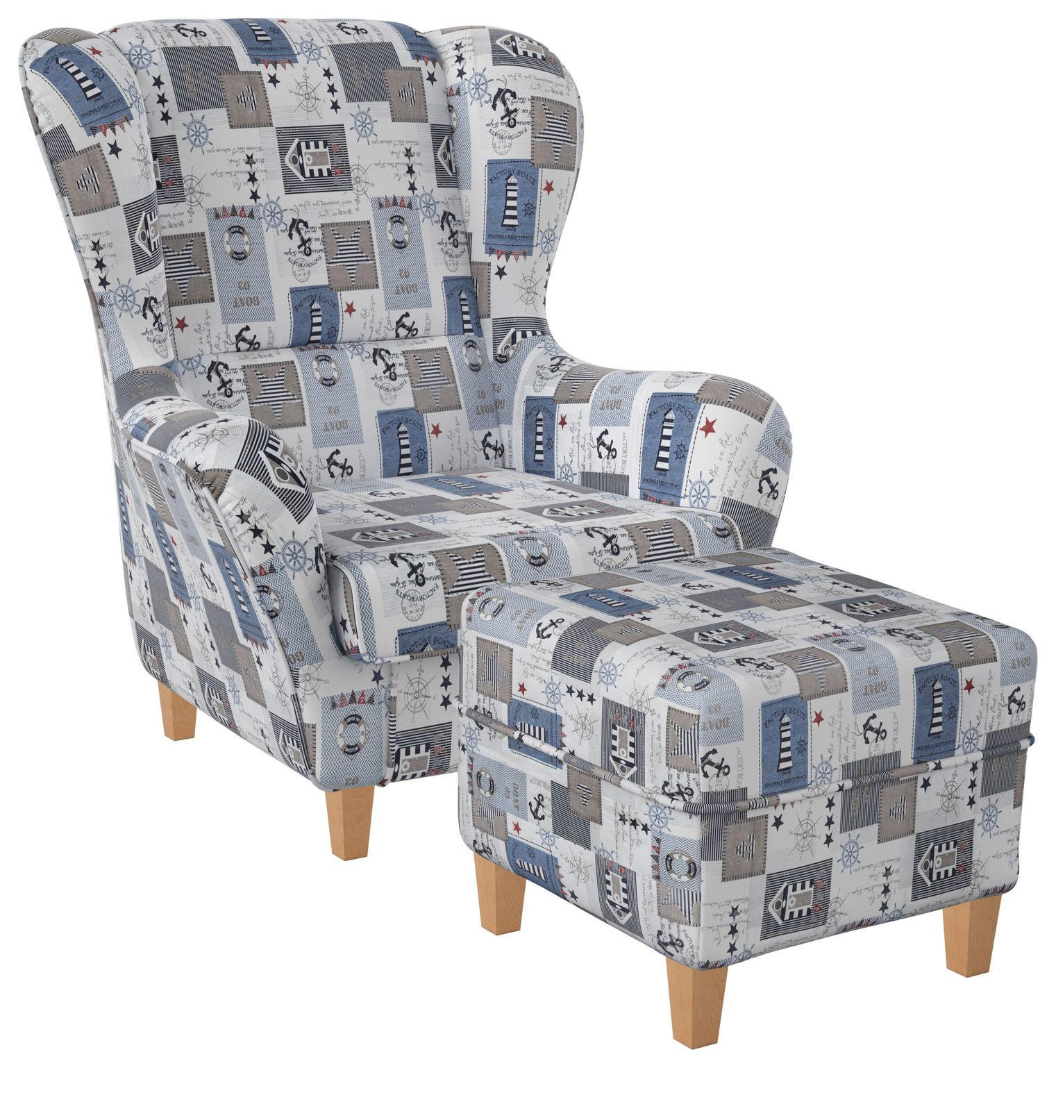 OHRENSESSEL Sofia Relaxsessel mit Hocker | Design Patchwork maritime Motive - Blau/Blaugrau, Textil (92/68/95cm) - Supellex