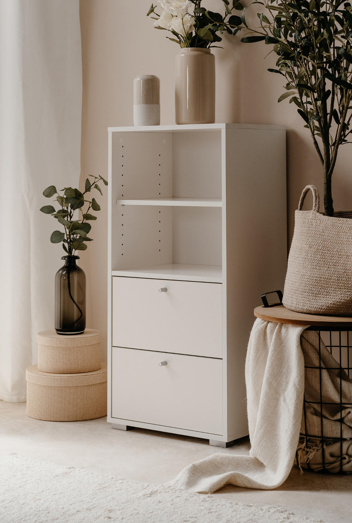 REGAL weiß 46 x 97 cm, Standregal mit 2 Schubladen - Silberfarben/Weiß, Holzwerkstoff/Kunststoff (46/96.5/33.5cm) - Furn.Design