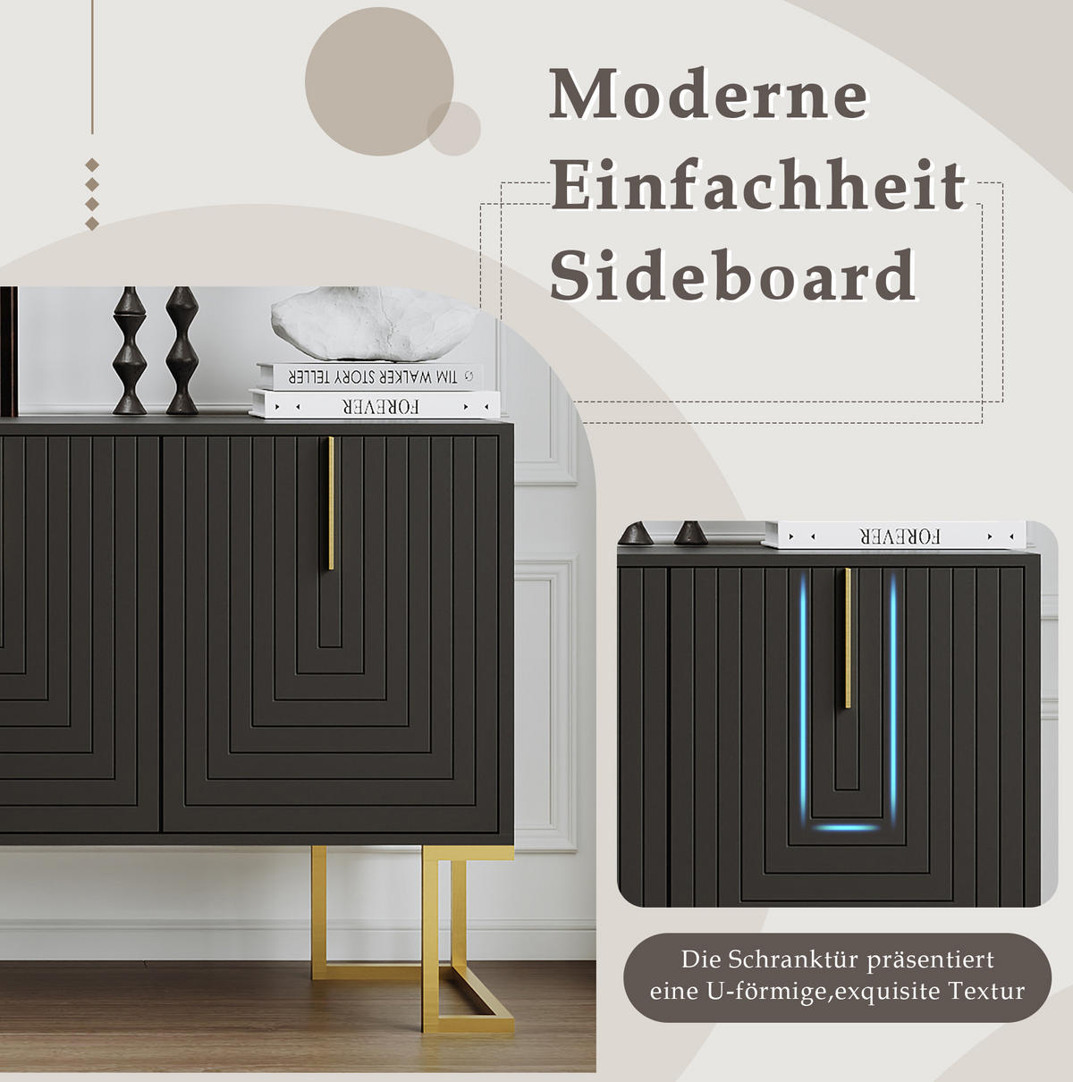 SIDEBOARD Schwarz mit 3 Türen und verstellbaren Regalböden,138/80.5/40 cm - Schwarz, Holzwerkstoff (138/80.5/40cm) - Flora Grace