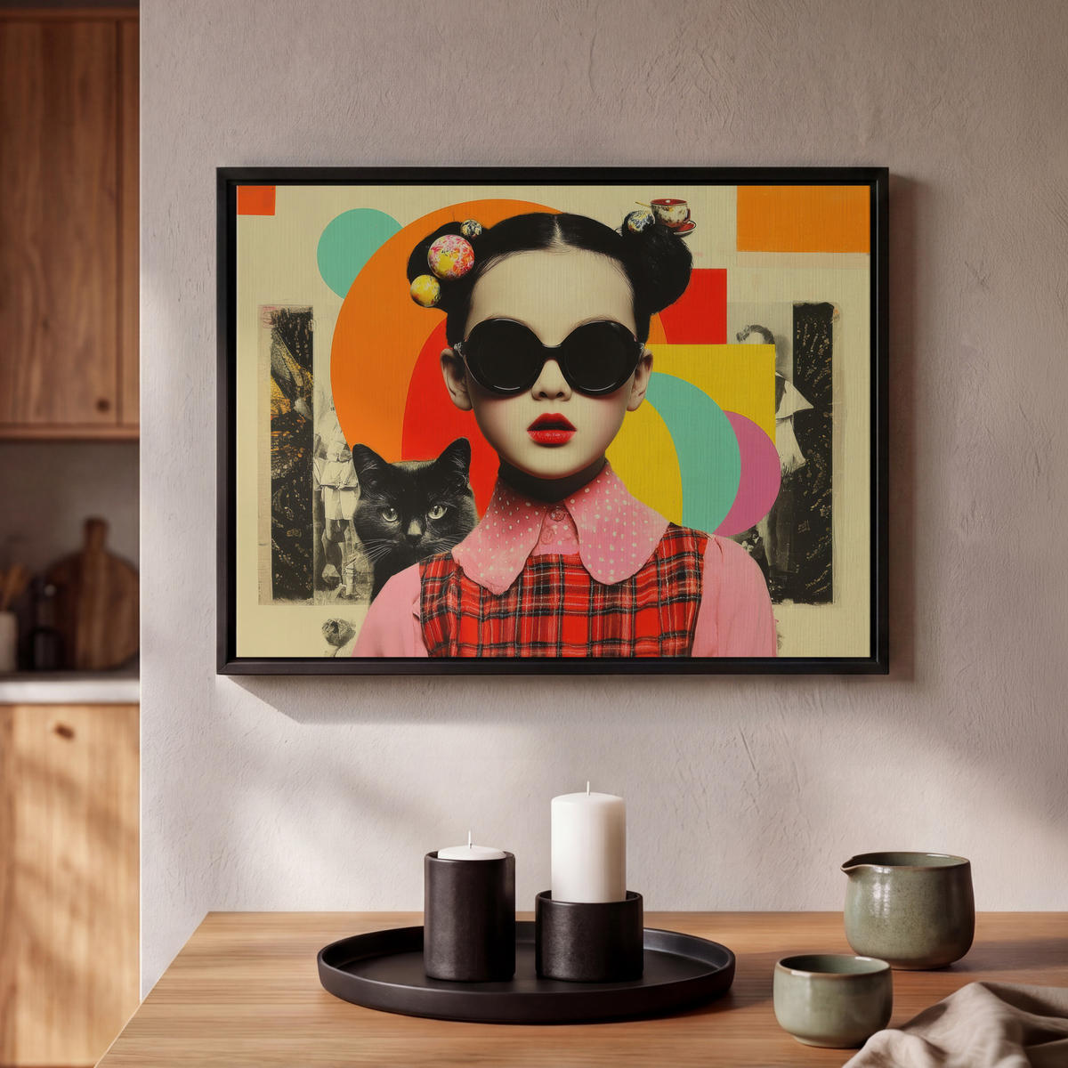 LEINWAND Bilder mit Rahmen - Mädchen - Sonnenbrille - Katze - Retro - 40x30 - Beige, Textil (40/30cm) - MuchoWow