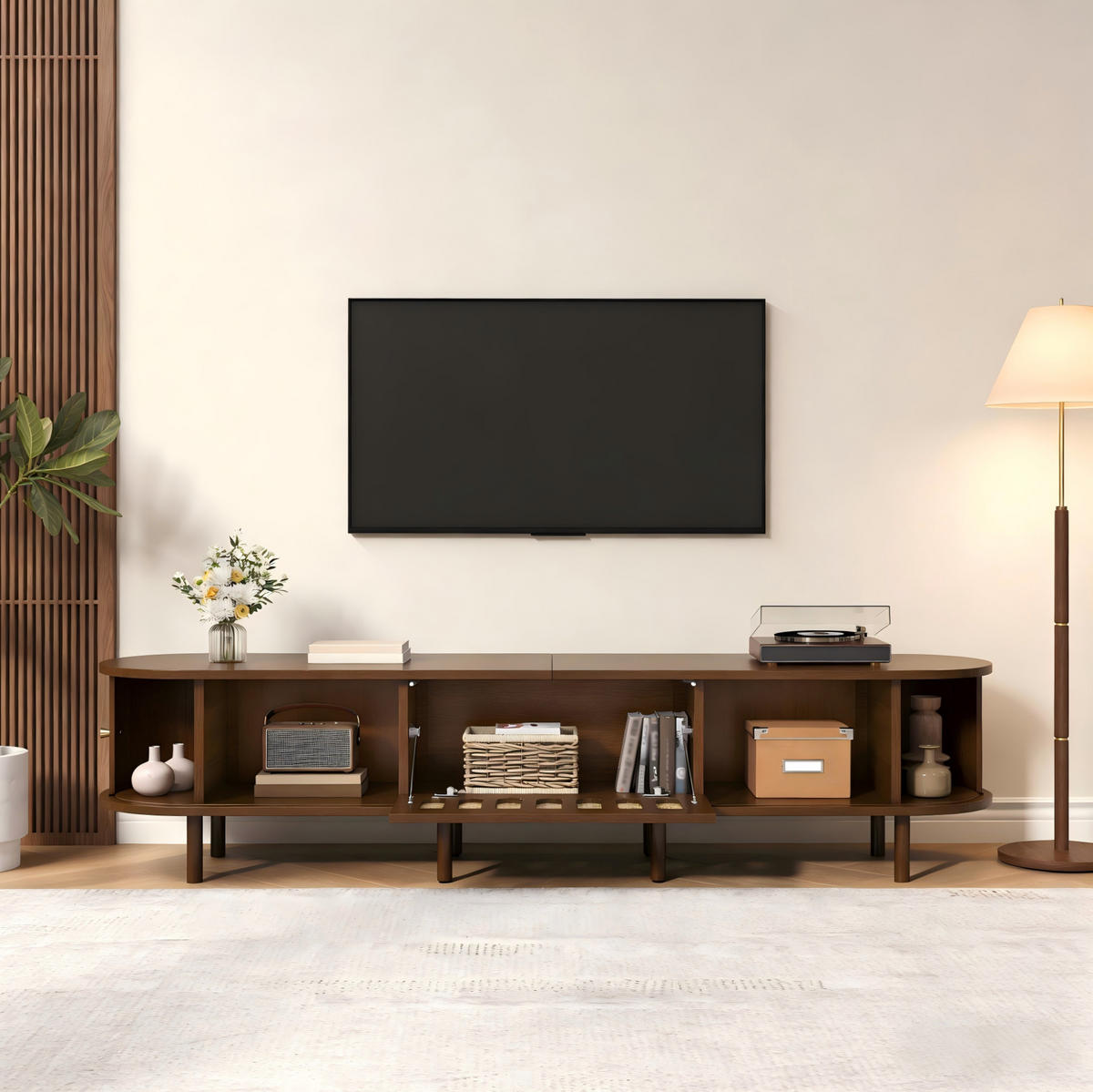 TV skrinka 180/40/40 cm tmavý orech z MDF s ratanovým vzhľadom a roletovými dvierkami - hnedá, kompozitné drevo (180/40/40cm) - OKWISH