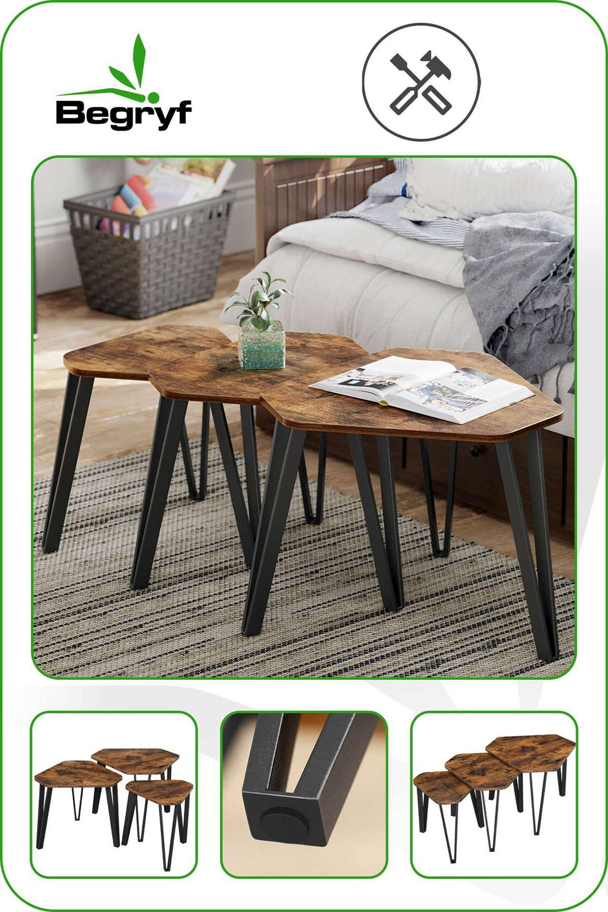 COUCHTISCH Holzoptik Metall Dunkelbraun Schwarz 3er Set 58,7x51,2x39,6 cm - Dunkelbraun/Schwarz, Holzwerkstoff/Metall (52/59/45cm) - Begryf