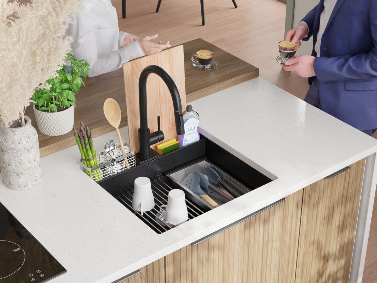 UNTERBAUSPÜLE GRANIT Bergen Pocket, 2-er set Anthrazit 56/54 cm 1 Becken + Ablauf-Set + Küchenzubehörset ab 60er Unterschrank - Chromfarben/Anthrazit, Kunststoff (56/20/54cm) - Primagran