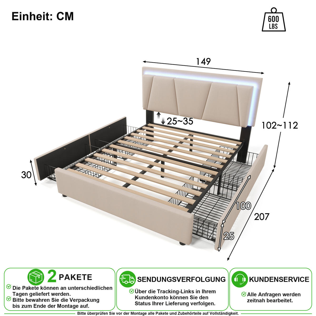 POLSTERBETT 140/200 cm in Beige mit 4 Schubladen und LED Leinen - Beige, Holzwerkstoff/Textil (140/200cm) - CHICFURN