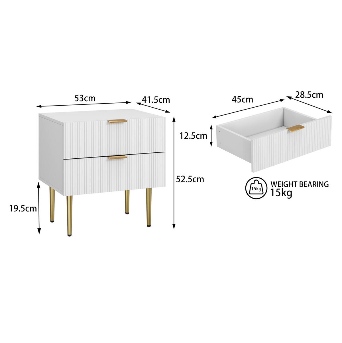 NACHTTISCH MDF/Spanplatte mit 2 Schubladen, Rillenfront & Metallgestell, 53/41,5/52,5 cm, Weiß - Weiß, Holzwerkstoff (41.5/52.5/53cm) - Redom