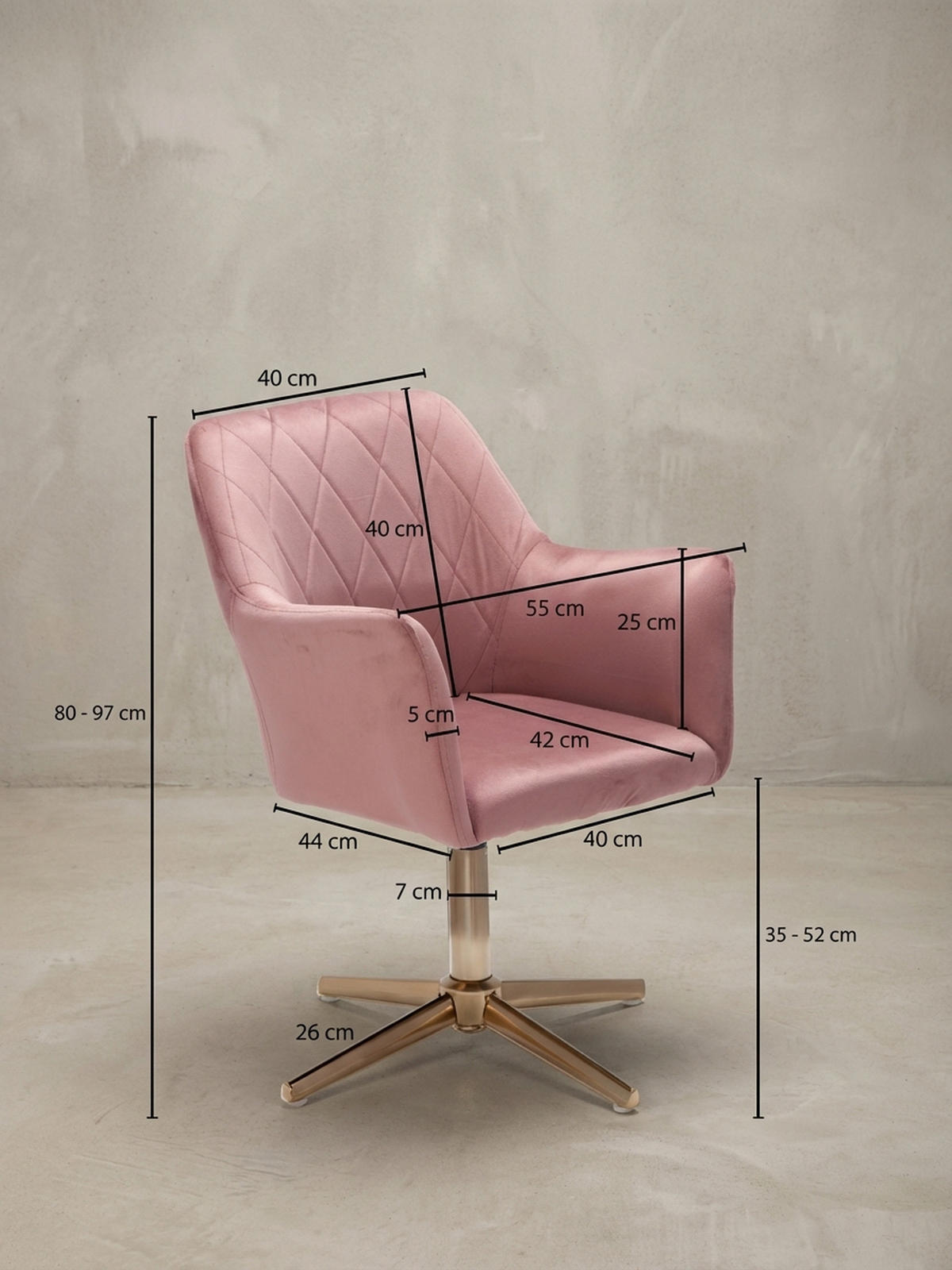 DREHSTUHL Samt mit Armlehnen Eisengestell 360° Funktion, Rosa 97x55x55 cm - Pink/Goldfarben, Textil/Metall (97/55/55cm) - KADIMA DESIGN